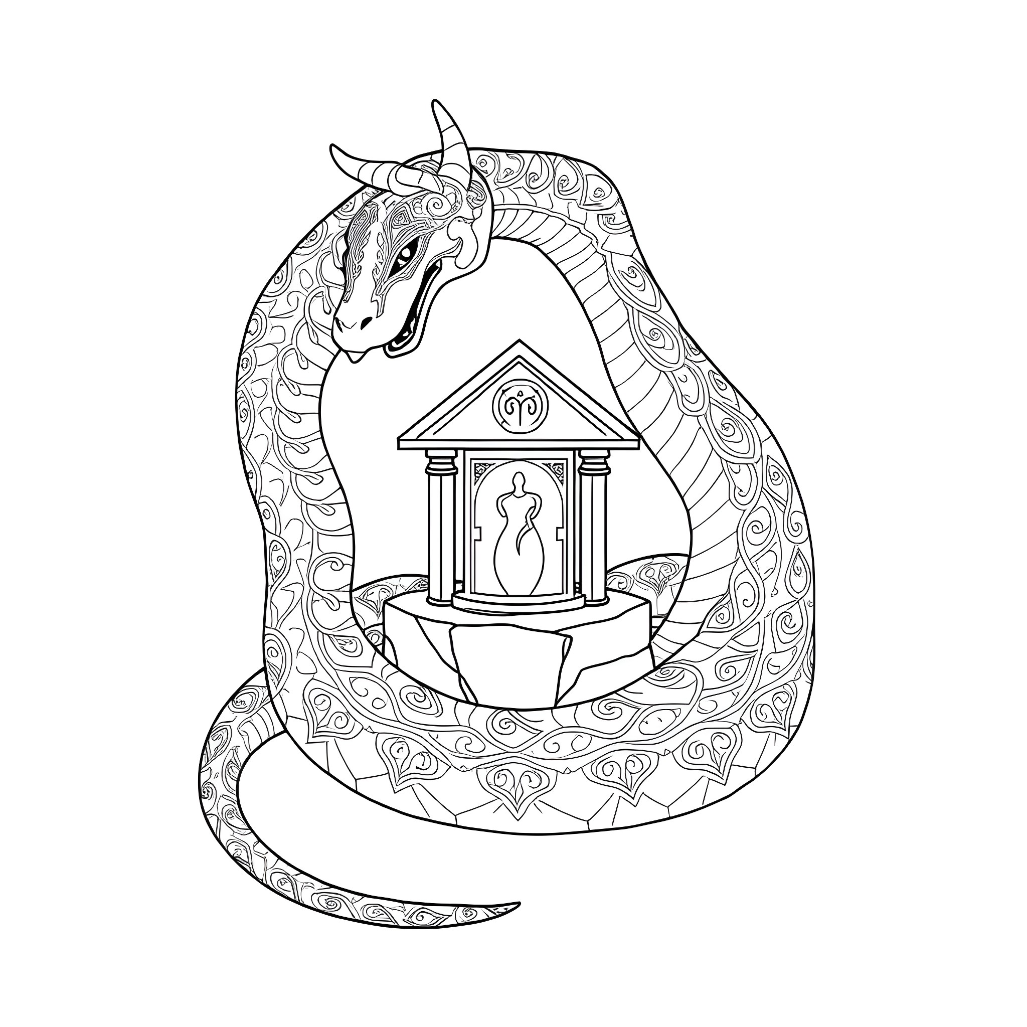 Uktena Guarding the Chalice in Intricate Patterns Coloring Page (free black-and-white line drawing printable PDF for all, from beginners to advanced learners, including children, teens, adults, and seniors)