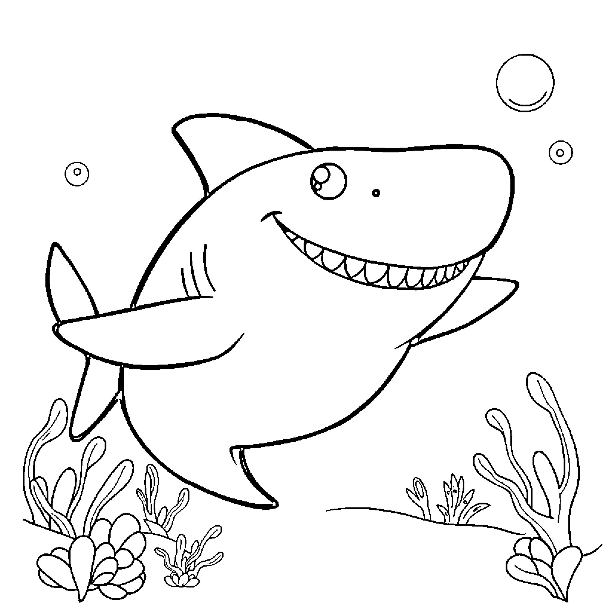 Shark swimming happily in the ocean Coloring Page (free black-and-white line drawing printable PDF for all, from beginners to advanced learners, including children, teens, adults, and seniors)