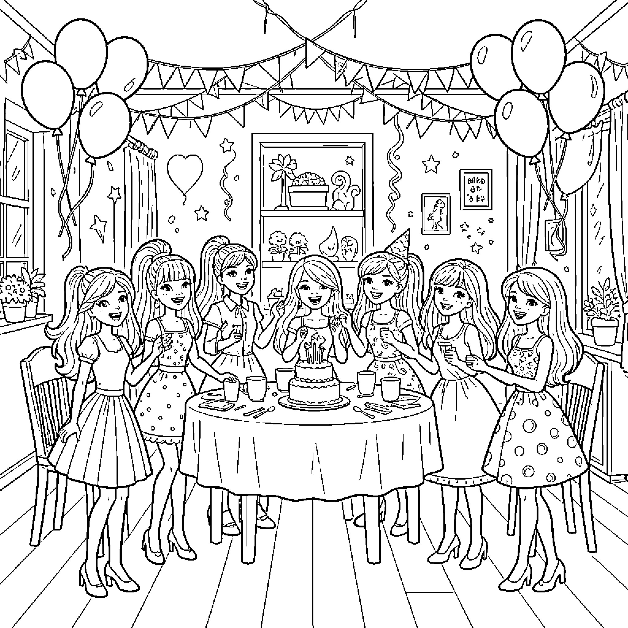 Barbie's Birthday Party Celebration Coloring Page (free black-and-white line drawing printable PDF for all, from beginners to advanced learners, including children, teens, adults, and seniors)