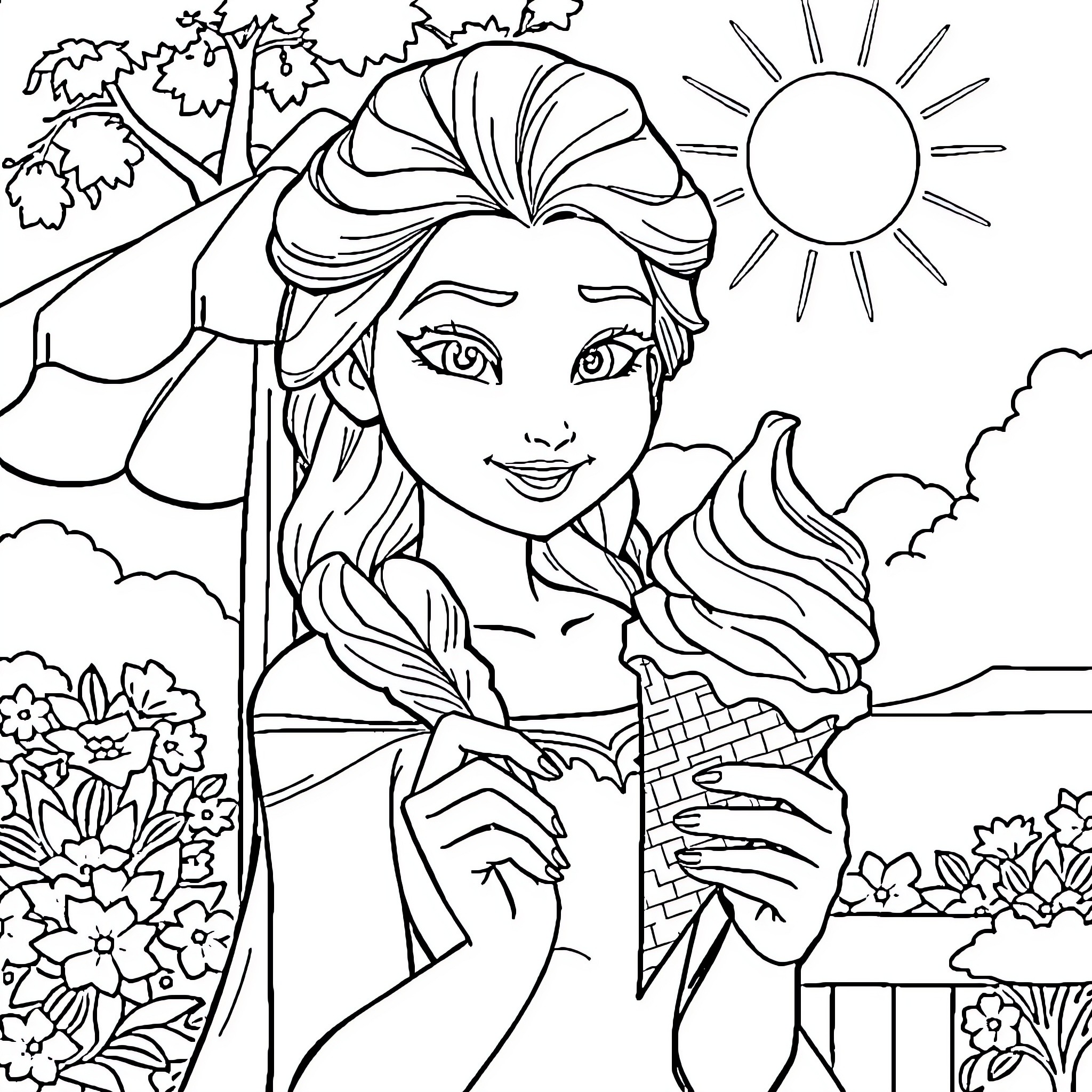 Elsa enjoying an ice cream in the park Coloring Page (free black-and-white line drawing printable PDF for all, from beginners to advanced learners, including children, teens, adults, and seniors)
