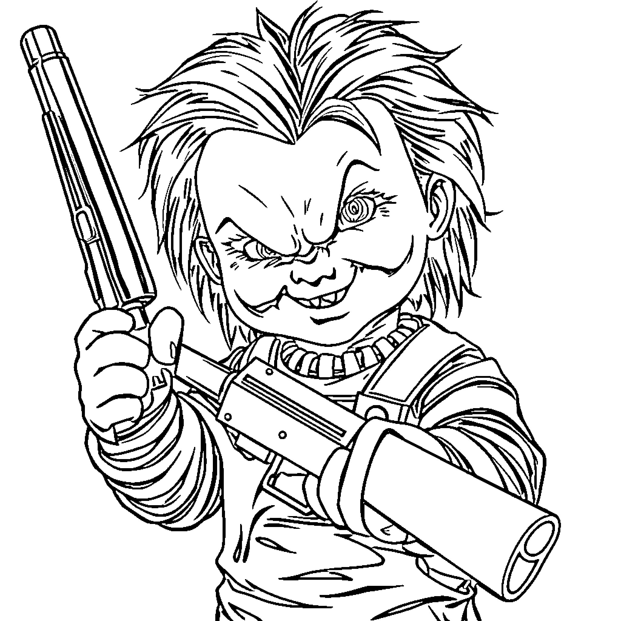 Chucky wielding a gun with an intense expression Coloring Page (free black-and-white line drawing printable PDF for all, from beginners to advanced learners, including children, teens, adults, and seniors)