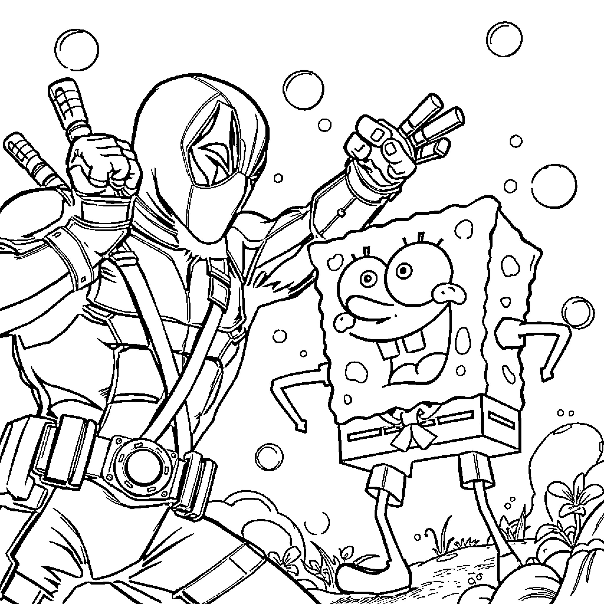 Deadpool's Playful Encounter with a Bubbly Character Coloring Page (free black-and-white line drawing printable PDF for all, from beginners to advanced learners, including children, teens, adults, and seniors)