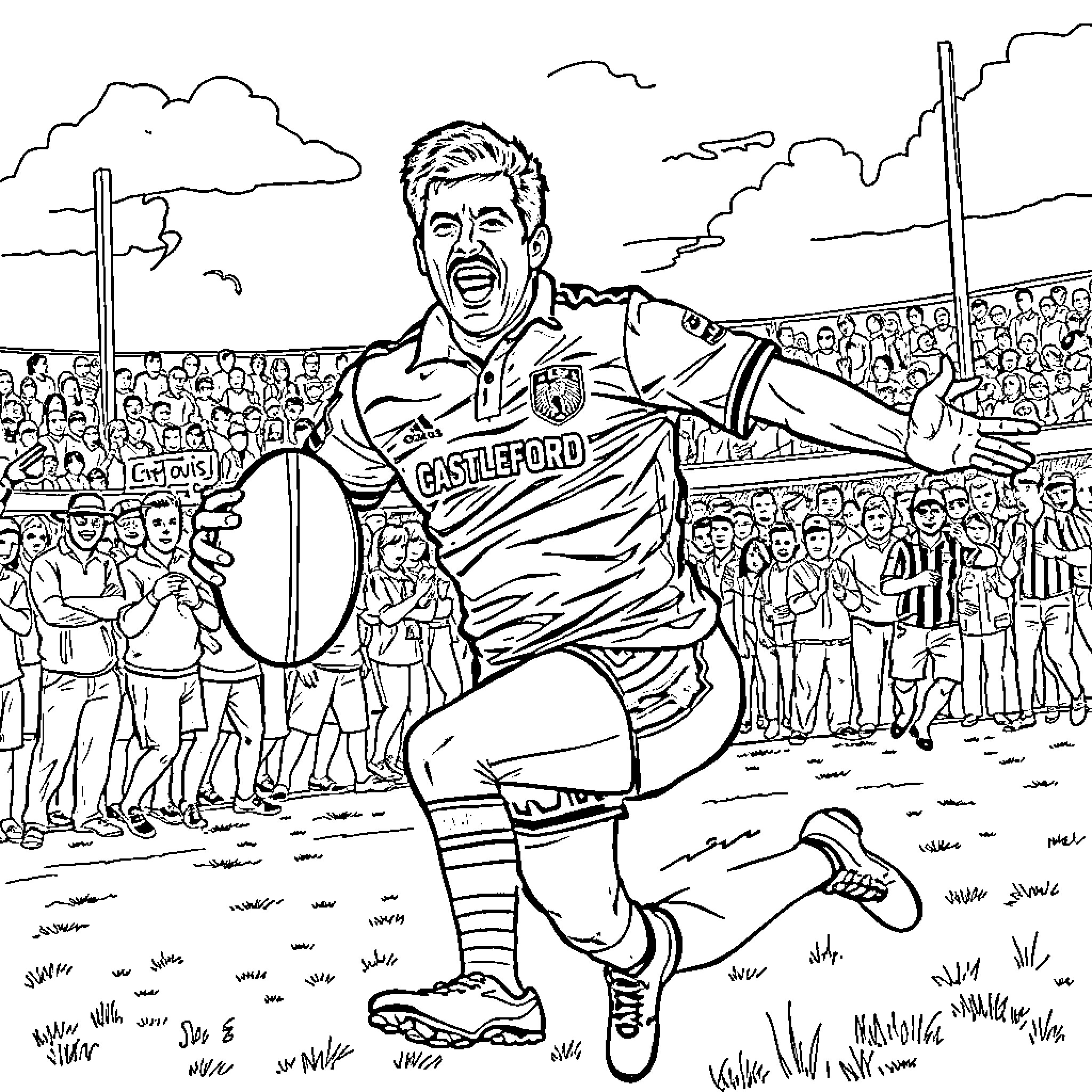 Freddie Mercury celebrates triumphantly on the rugby pitch Coloring Page (free black-and-white line drawing printable PDF for all, from beginners to advanced learners, including children, teens, adults, and seniors)