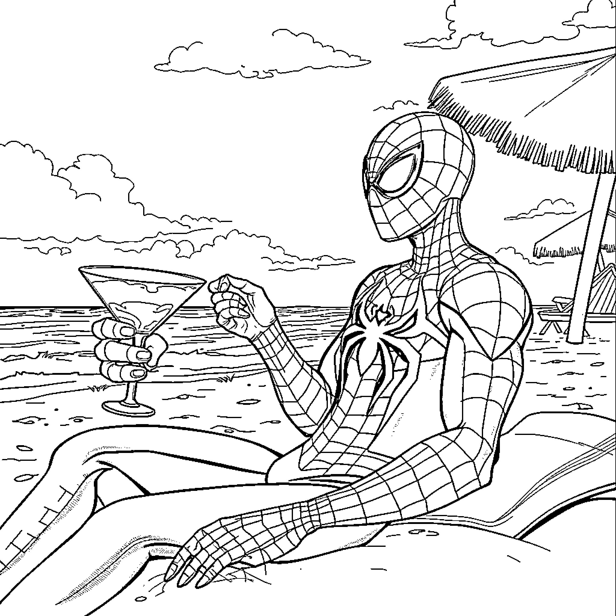 Spiderman relaxing on the beach with a drink Coloring Page (free black-and-white line drawing printable PDF for all, from beginners to advanced learners, including children, teens, adults, and seniors)