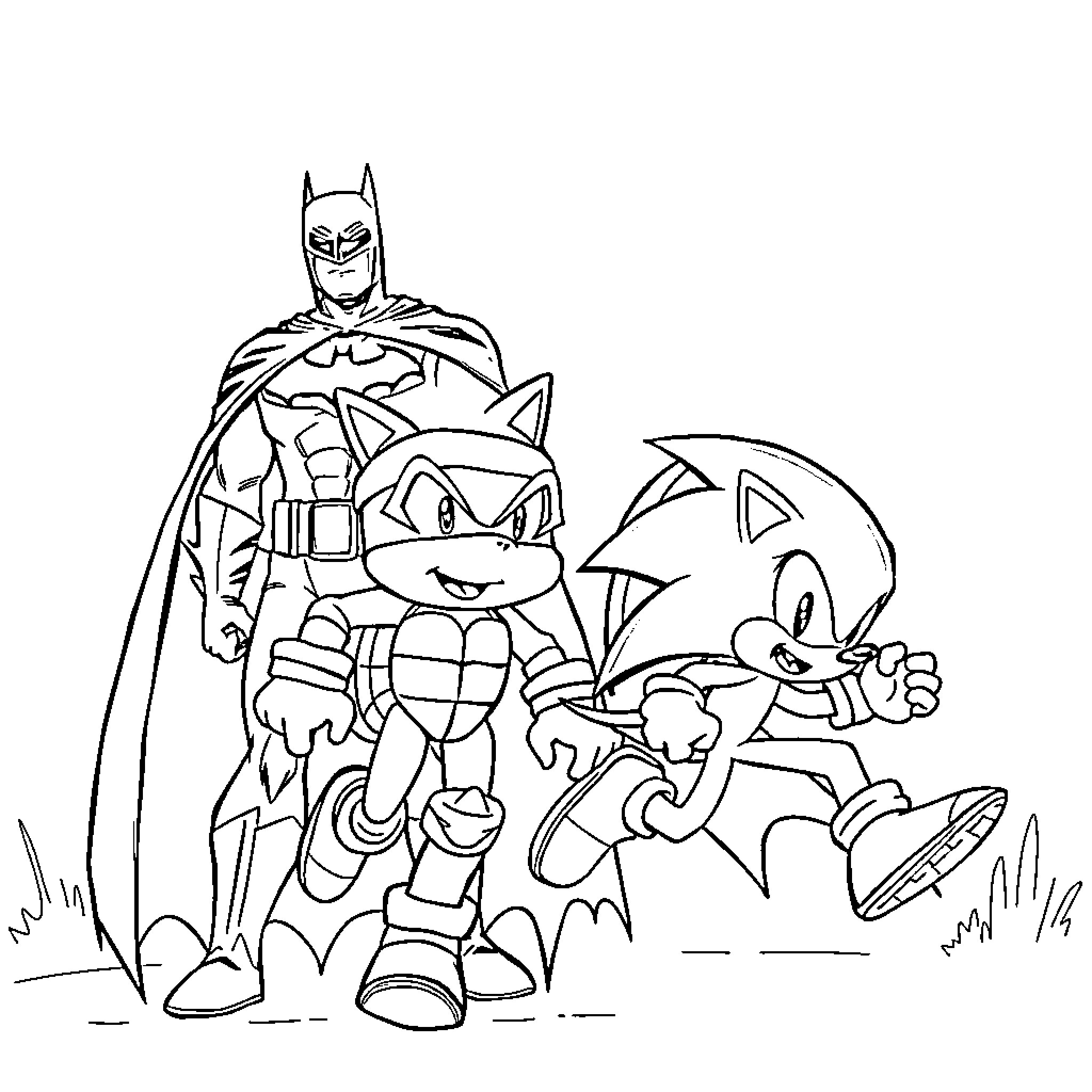 Batman and Friends in Action-Packed Adventure Coloring Page (free black-and-white line drawing printable PDF for all, from beginners to advanced learners, including children, teens, adults, and seniors)