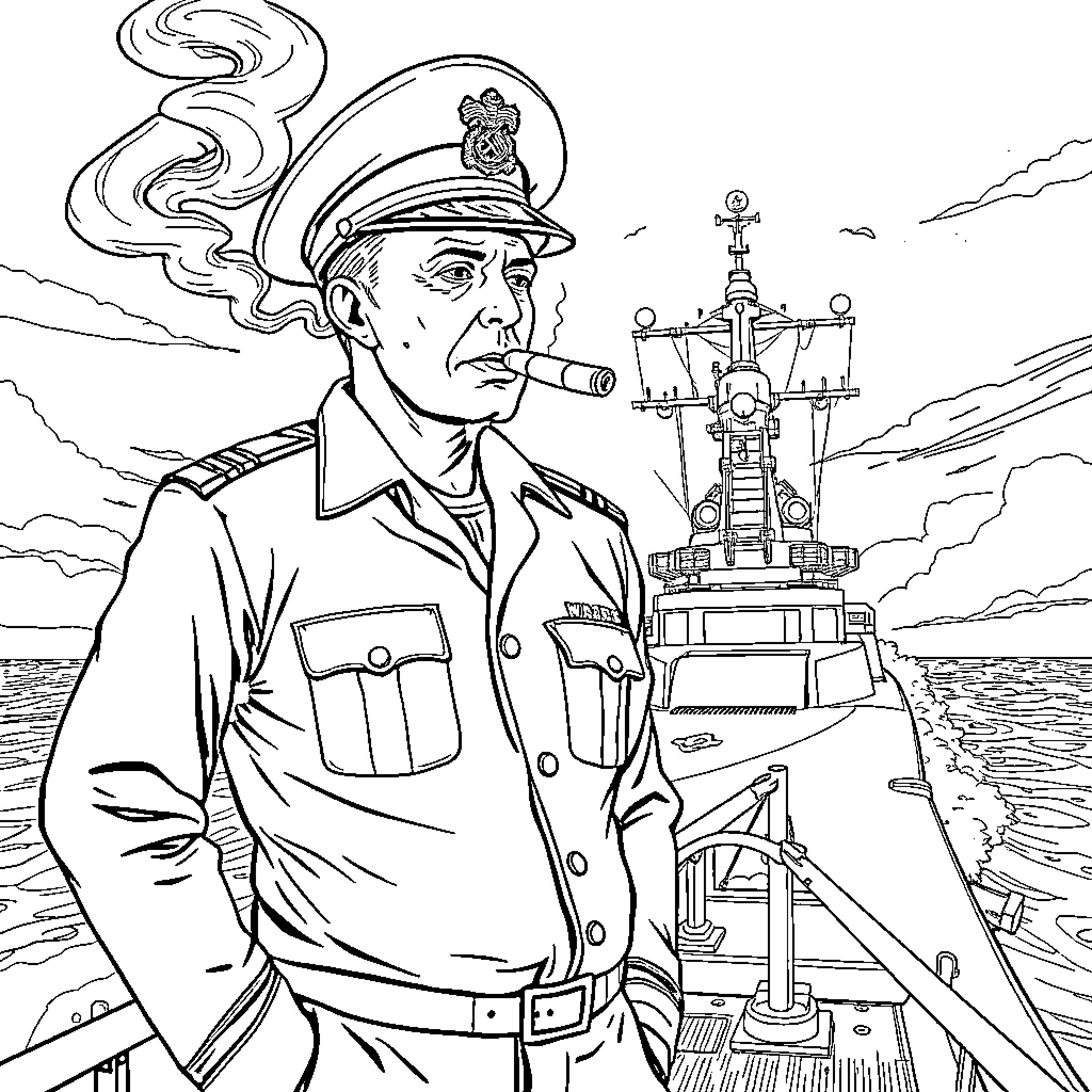 Instructor in Uniform on a Naval Warship Coloring Page (free black-and-white line drawing printable PDF for all, from beginners to advanced learners, including children, teens, adults, and seniors)