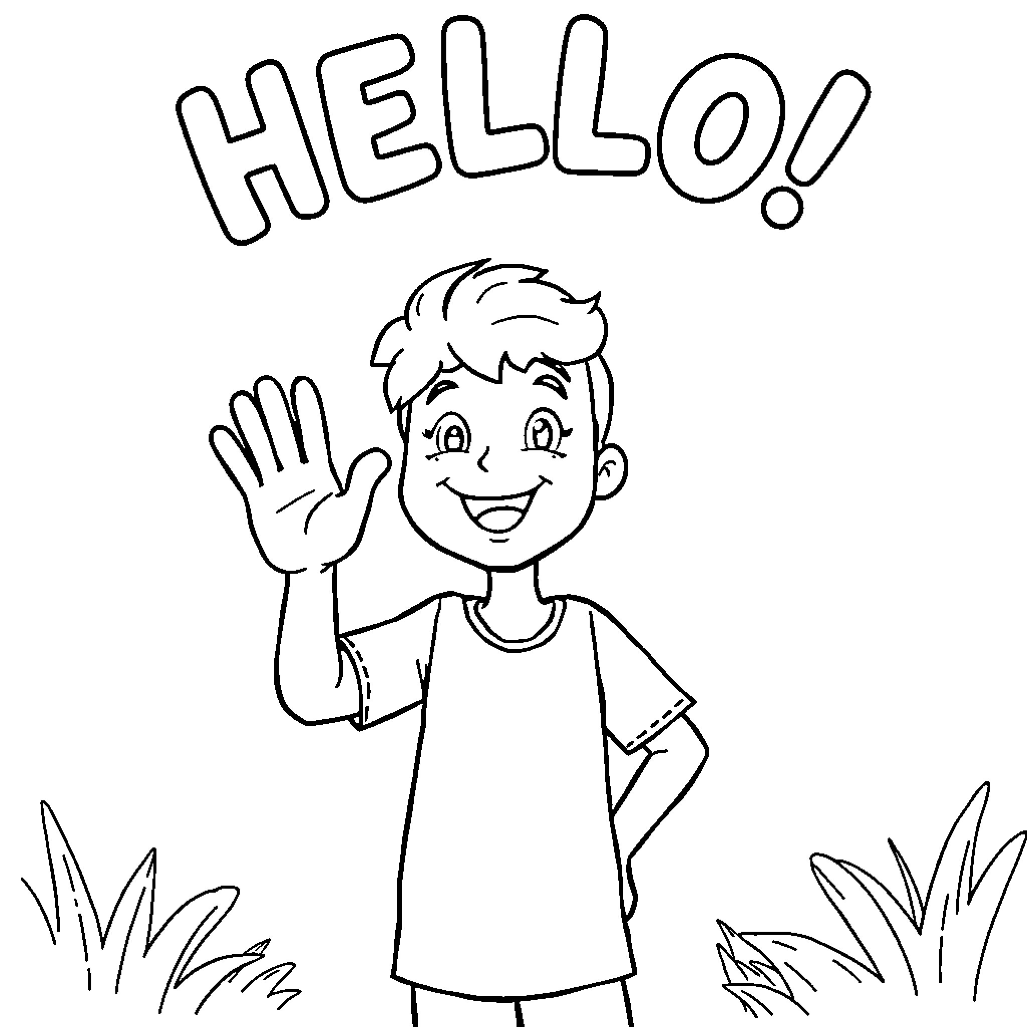 Hello, Friendly Kid Waving Outdoors Coloring Page (free black-and-white line drawing printable PDF for all, from beginners to advanced learners, including children, teens, adults, and seniors)