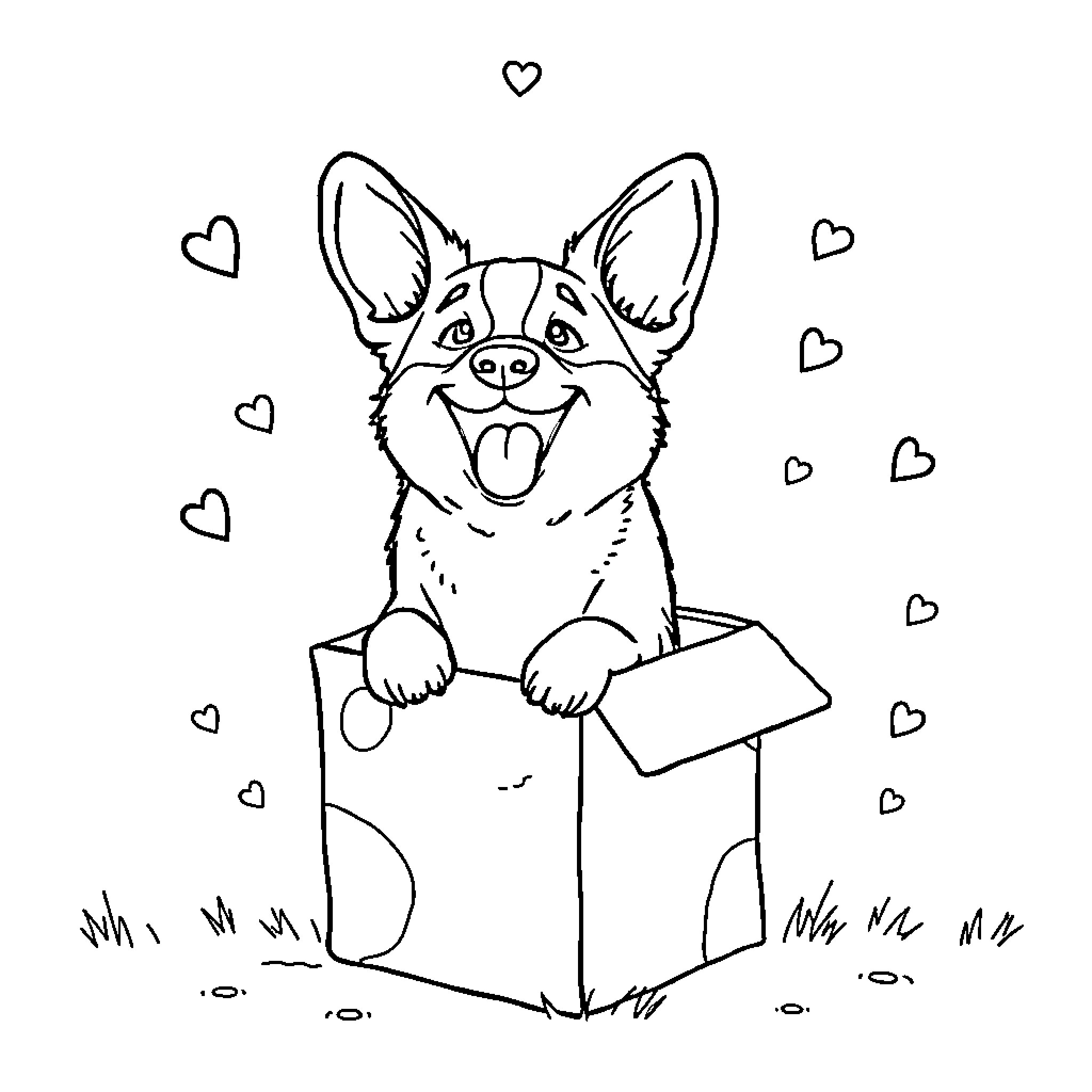 Corgi Pup Excitedly Popping Out of Box Coloring Page (free black-and-white line drawing printable PDF for all, from beginners to advanced learners, including children, teens, adults, and seniors)