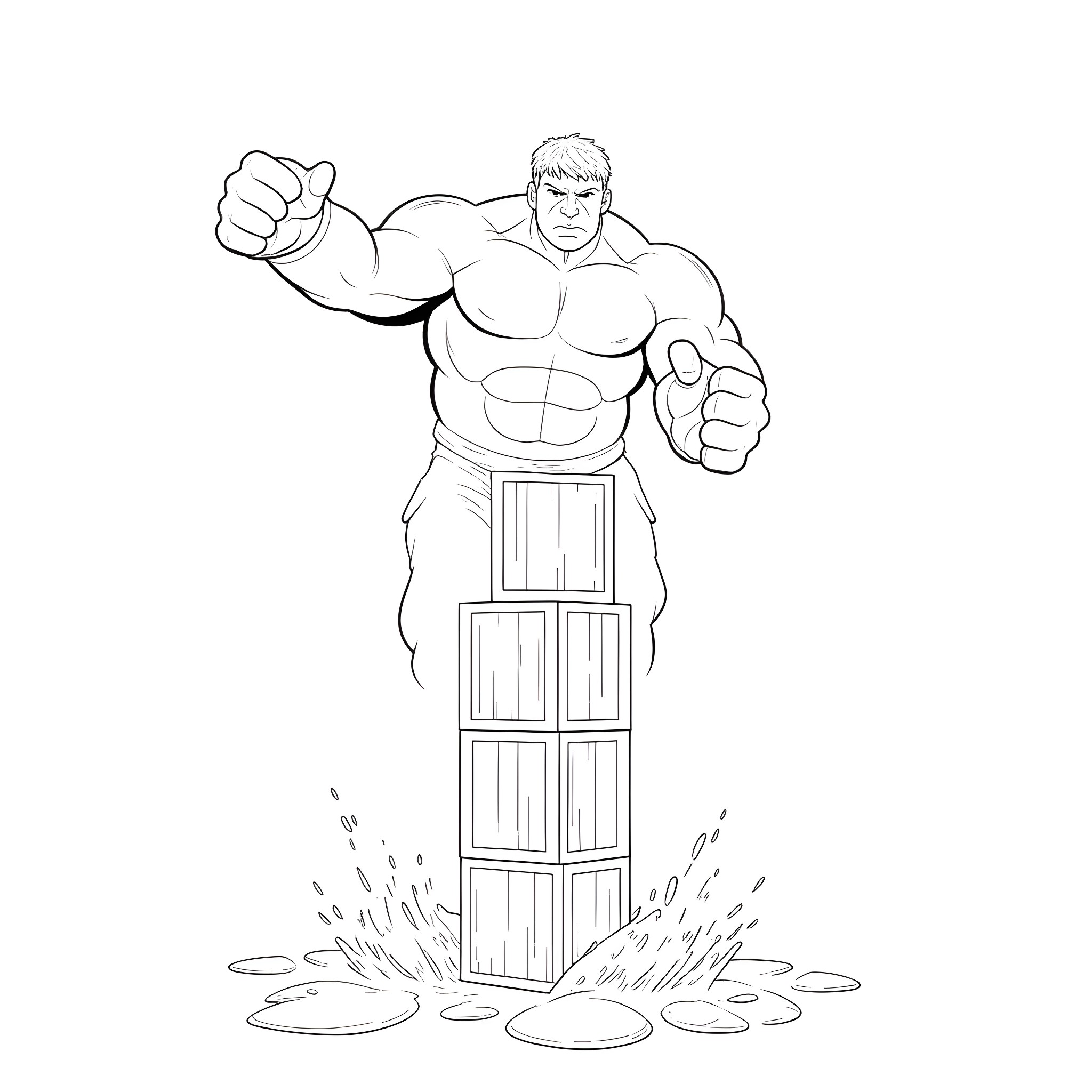 Hulk Smashing Through Walls with Powerful Stance Coloring Page (free black-and-white line drawing printable PDF for all, from beginners to advanced learners, including children, teens, adults, and seniors)