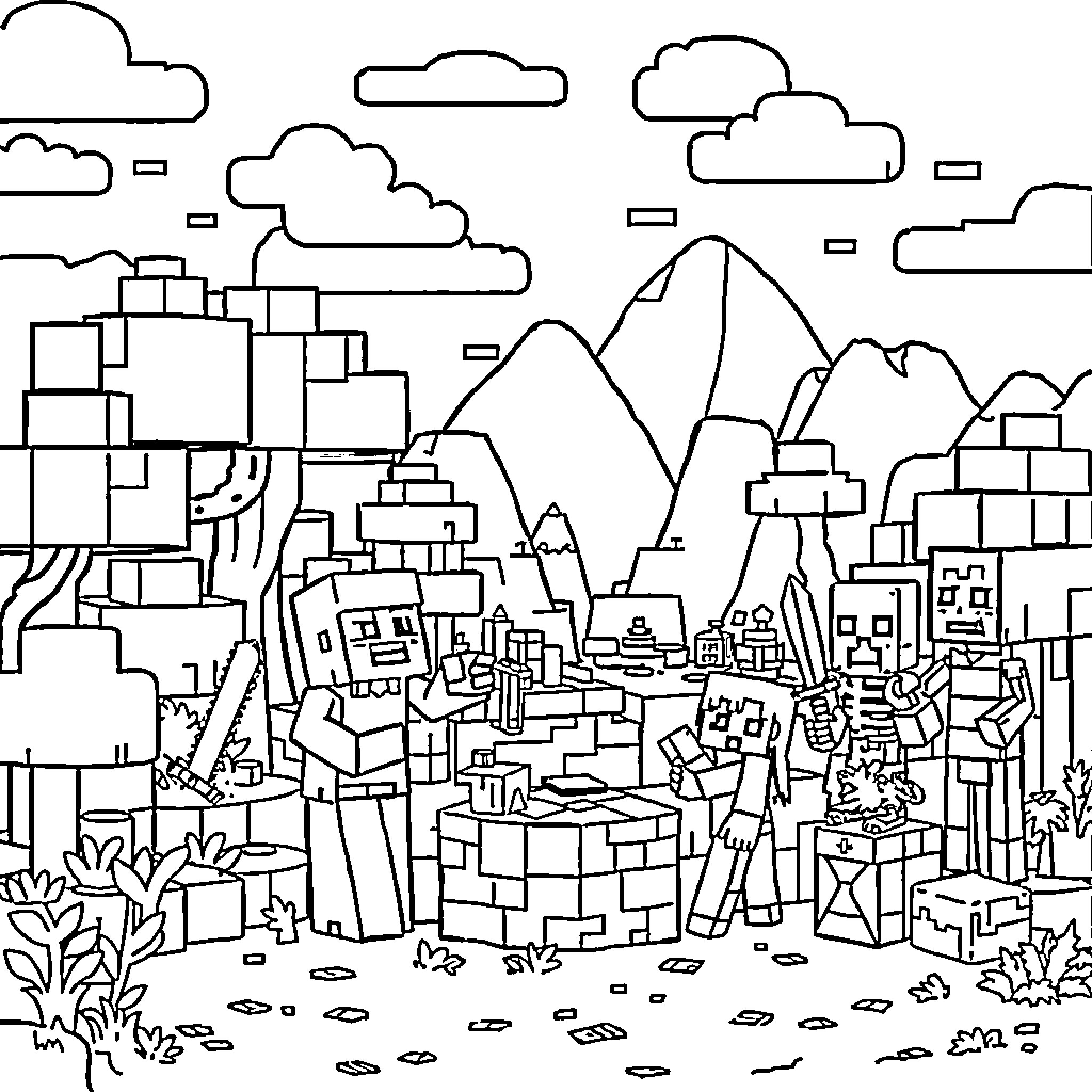 Minecraft landscape with buildings, mountains, and characters Coloring Page (free black-and-white line drawing printable PDF for all, from beginners to advanced learners, including children, teens, adults, and seniors)