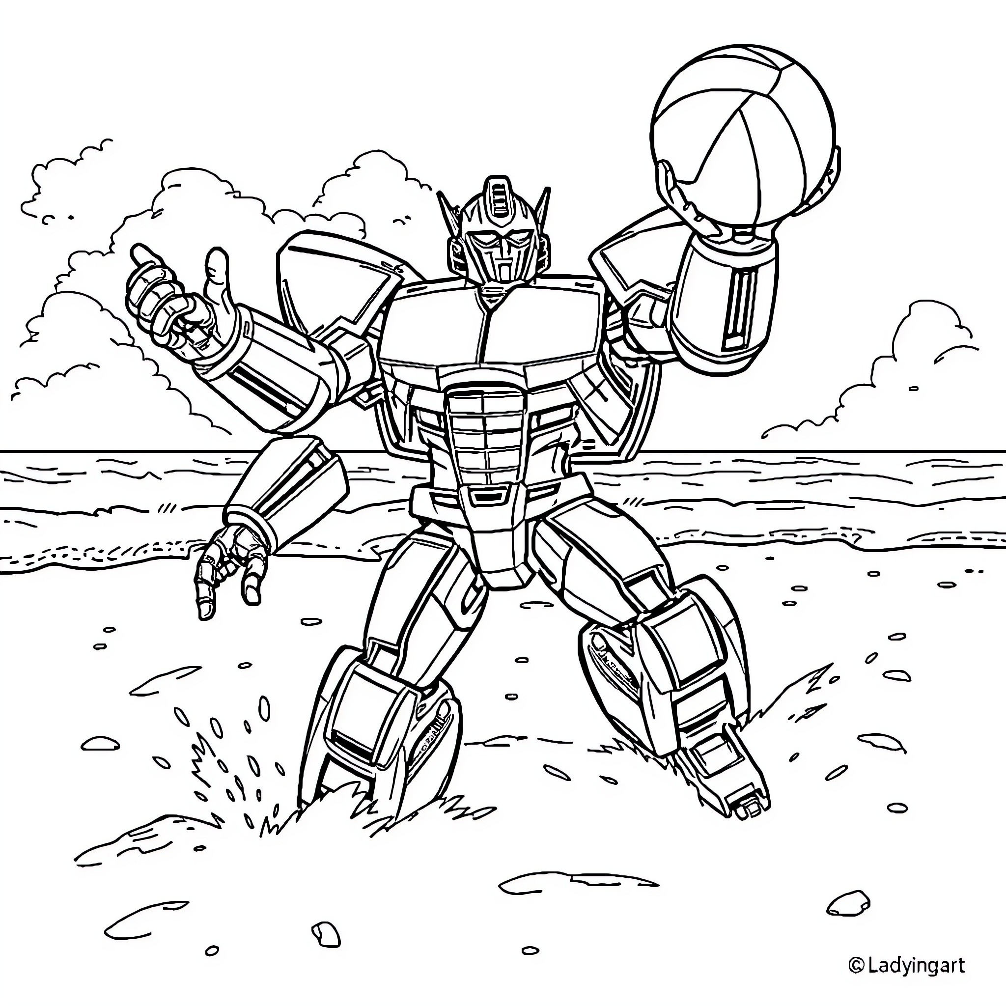 Bumblebee robot in action on a rocky beach Coloring Page (free black-and-white line drawing printable PDF for all, from beginners to advanced learners, including children, teens, adults, and seniors)
