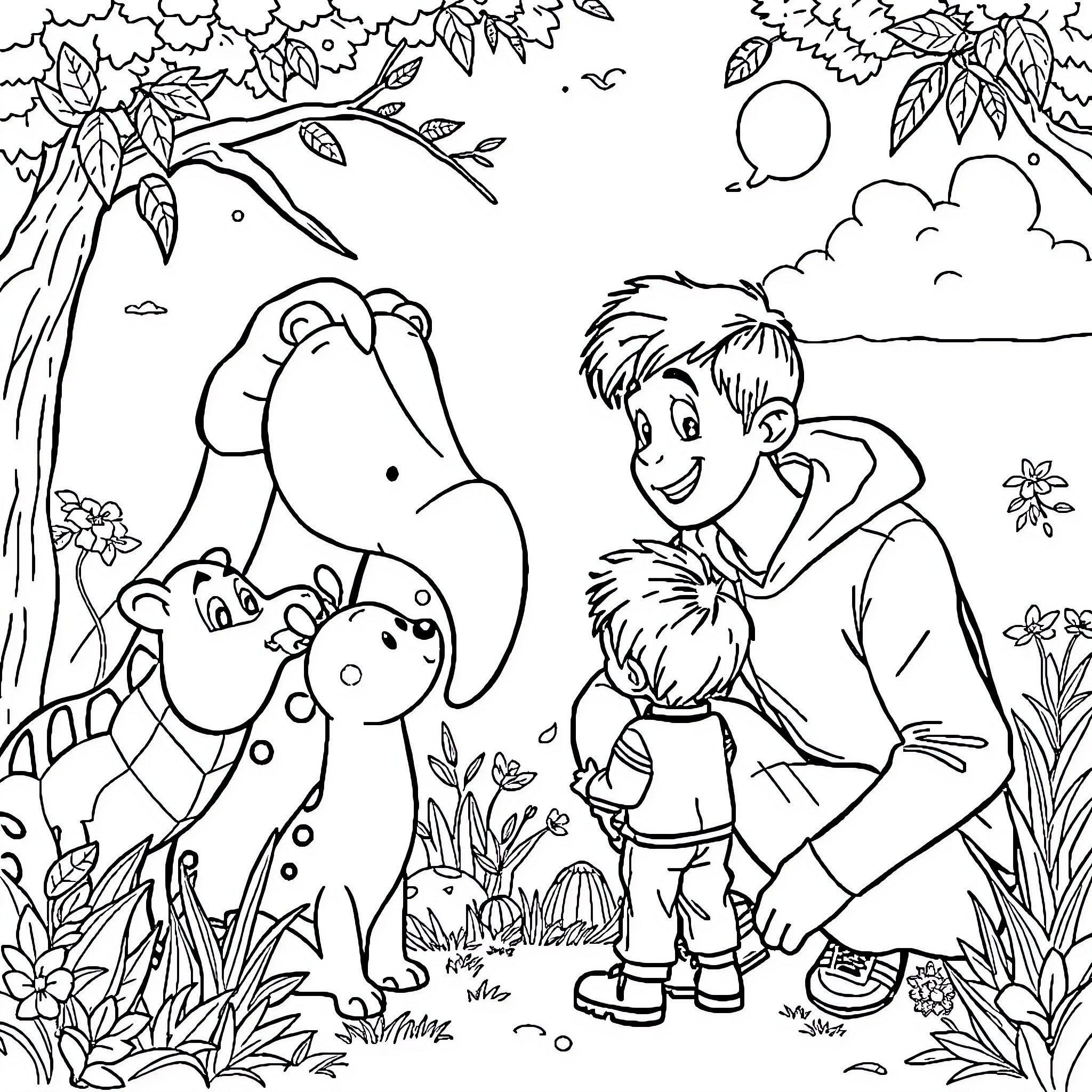 Animal friends exploring nature together Coloring Page (free black-and-white line drawing printable PDF for all, from beginners to advanced learners, including children, teens, adults, and seniors)