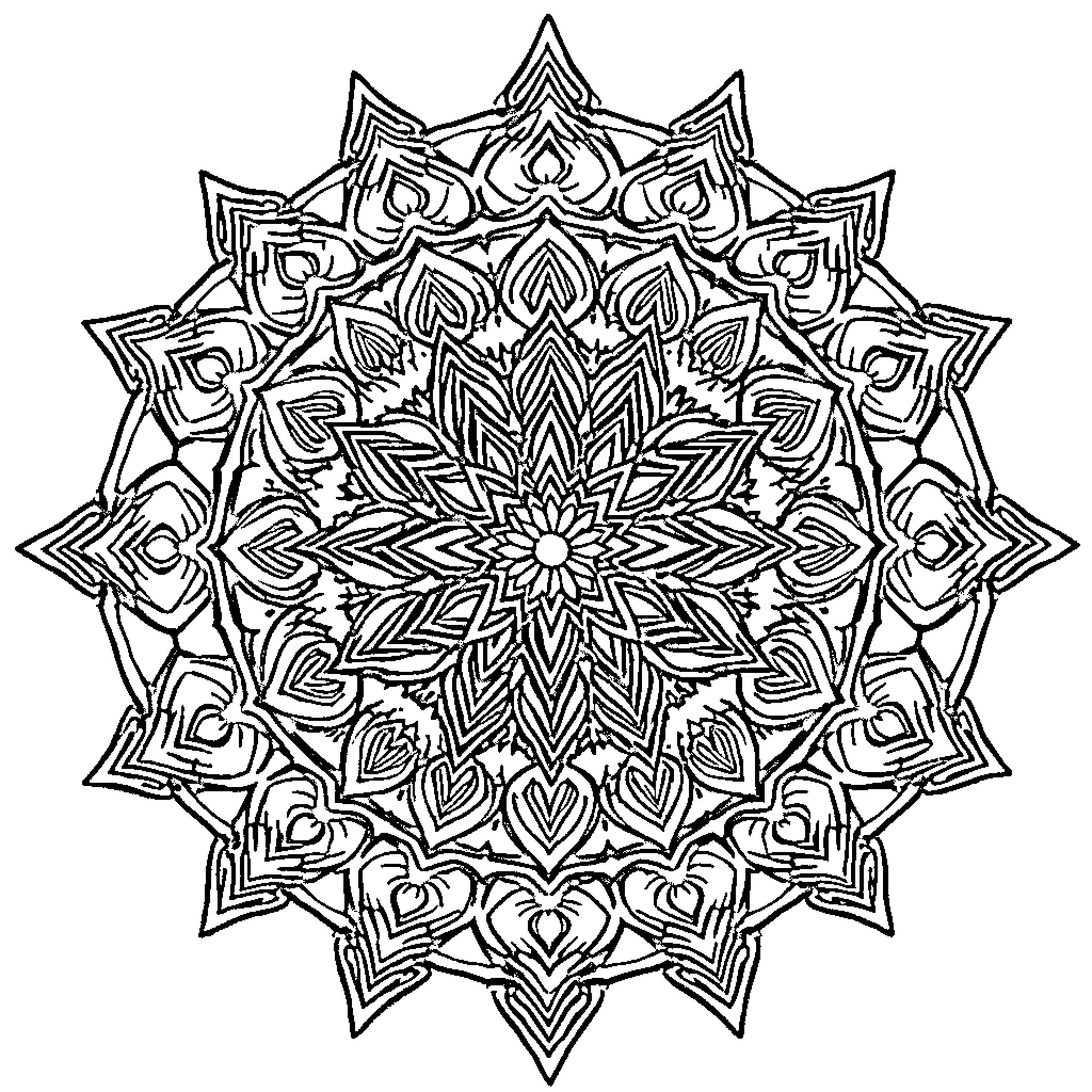 Mandala of intricate floral patterns Coloring Page (free black-and-white line drawing printable PDF for all, from beginners to advanced learners, including children, teens, adults, and seniors)