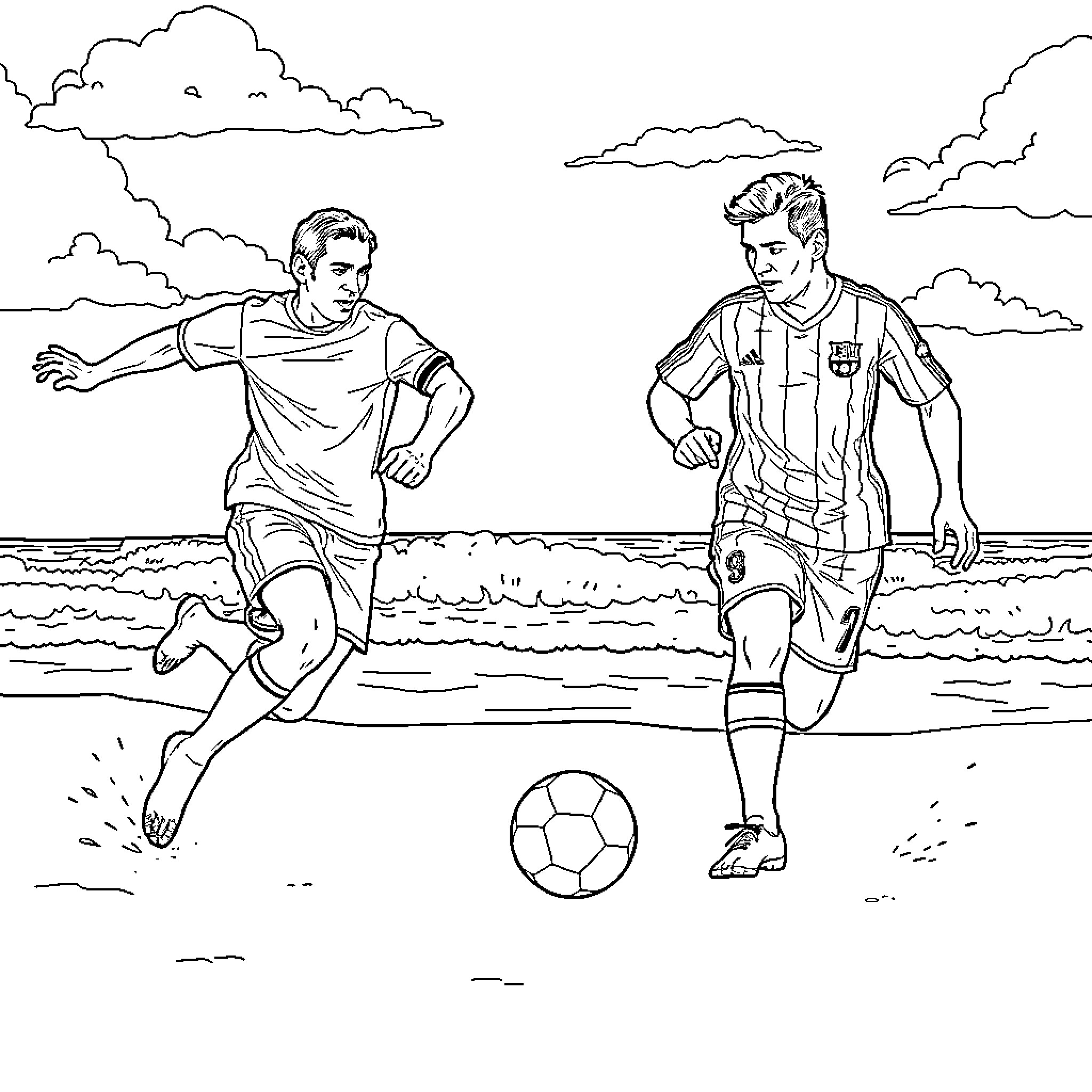 Soccer players competing on the beach Coloring Page (free black-and-white line drawing printable PDF for all, from beginners to advanced learners, including children, teens, adults, and seniors)