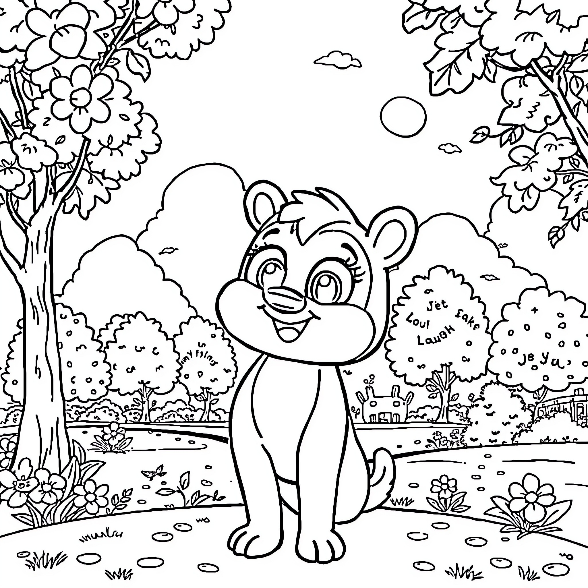 Fida's Joyful Day in the Enchanted Forest Coloring Page (free black-and-white line drawing printable PDF for all, from beginners to advanced learners, including children, teens, adults, and seniors)