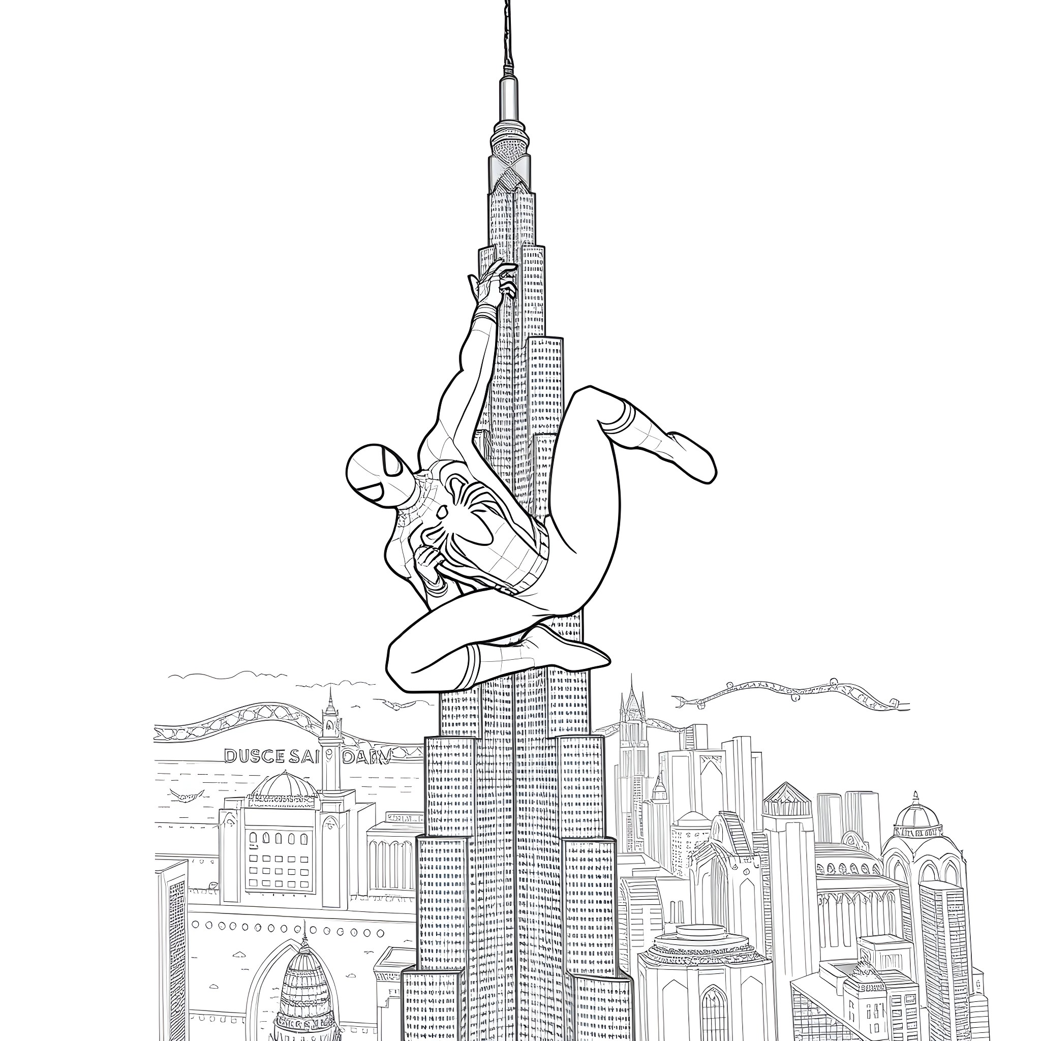 Spiderman swinging through the city skyline Coloring Page (free black-and-white line drawing printable PDF for all, from beginners to advanced learners, including children, teens, adults, and seniors)