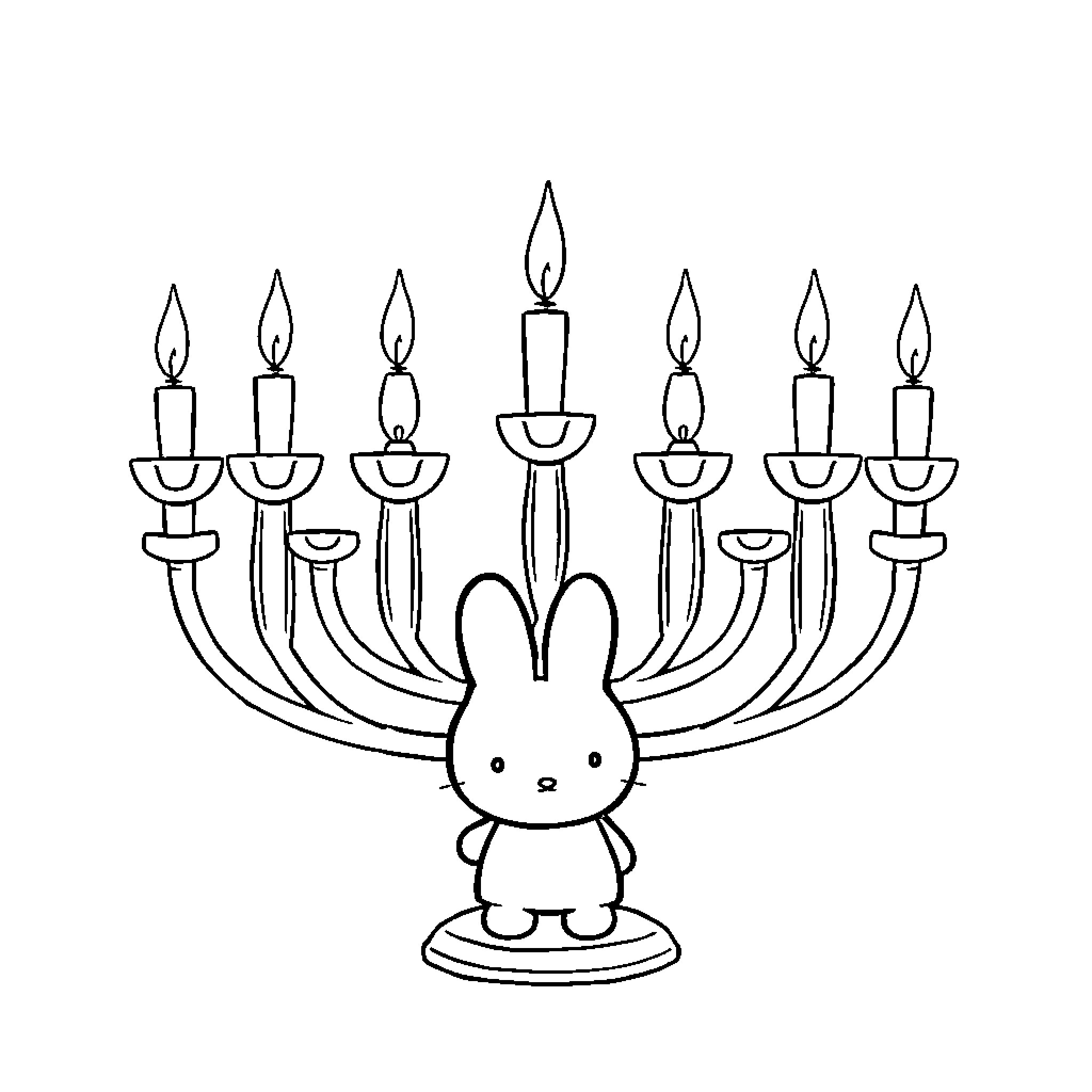 Menorah with Cute Rabbit Figurine Coloring Page (free black-and-white line drawing printable PDF for all, from beginners to advanced learners, including children, teens, adults, and seniors)