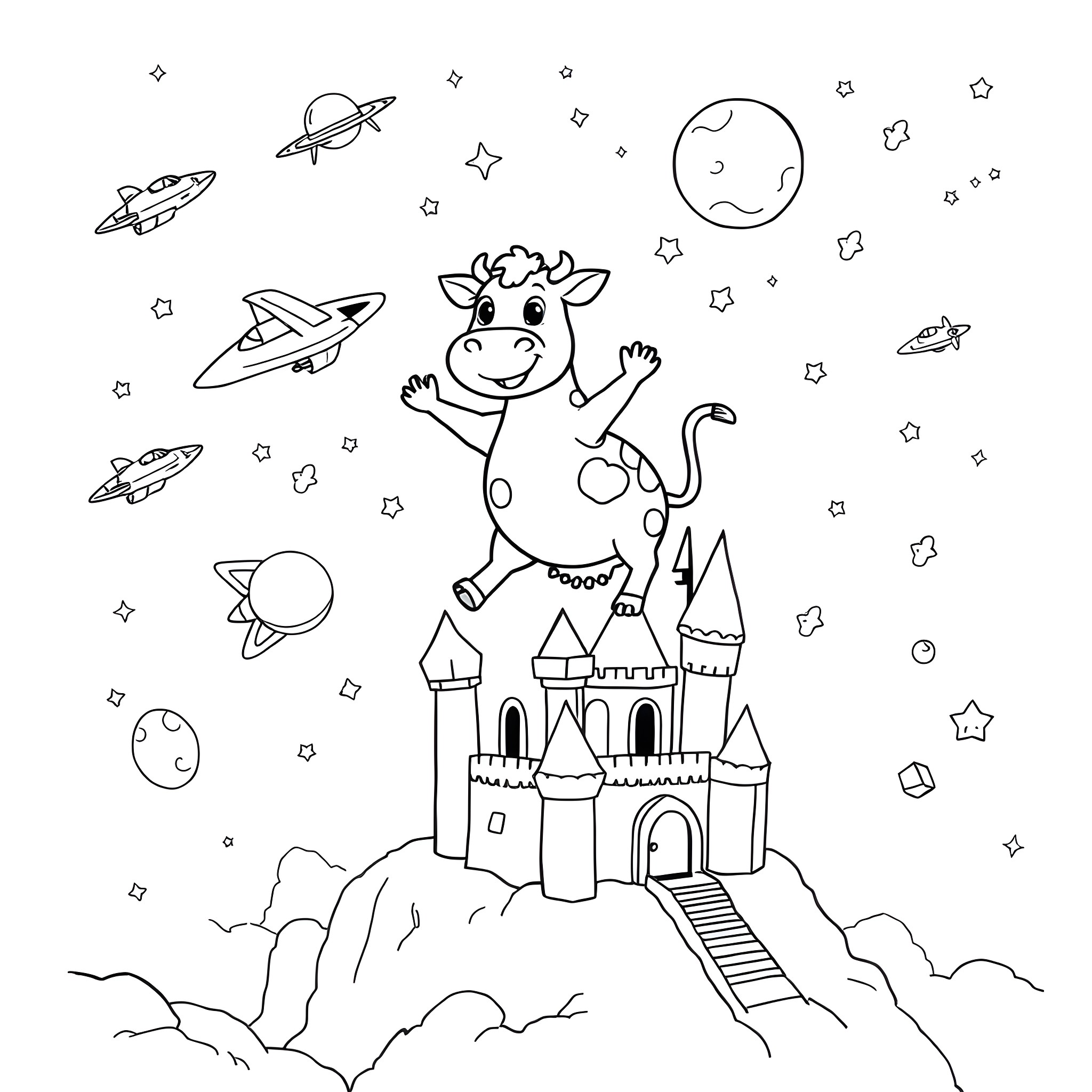 Cow on a space castle with flying saucers Coloring Page (free black-and-white line drawing printable PDF for all, from beginners to advanced learners, including children, teens, adults, and seniors)