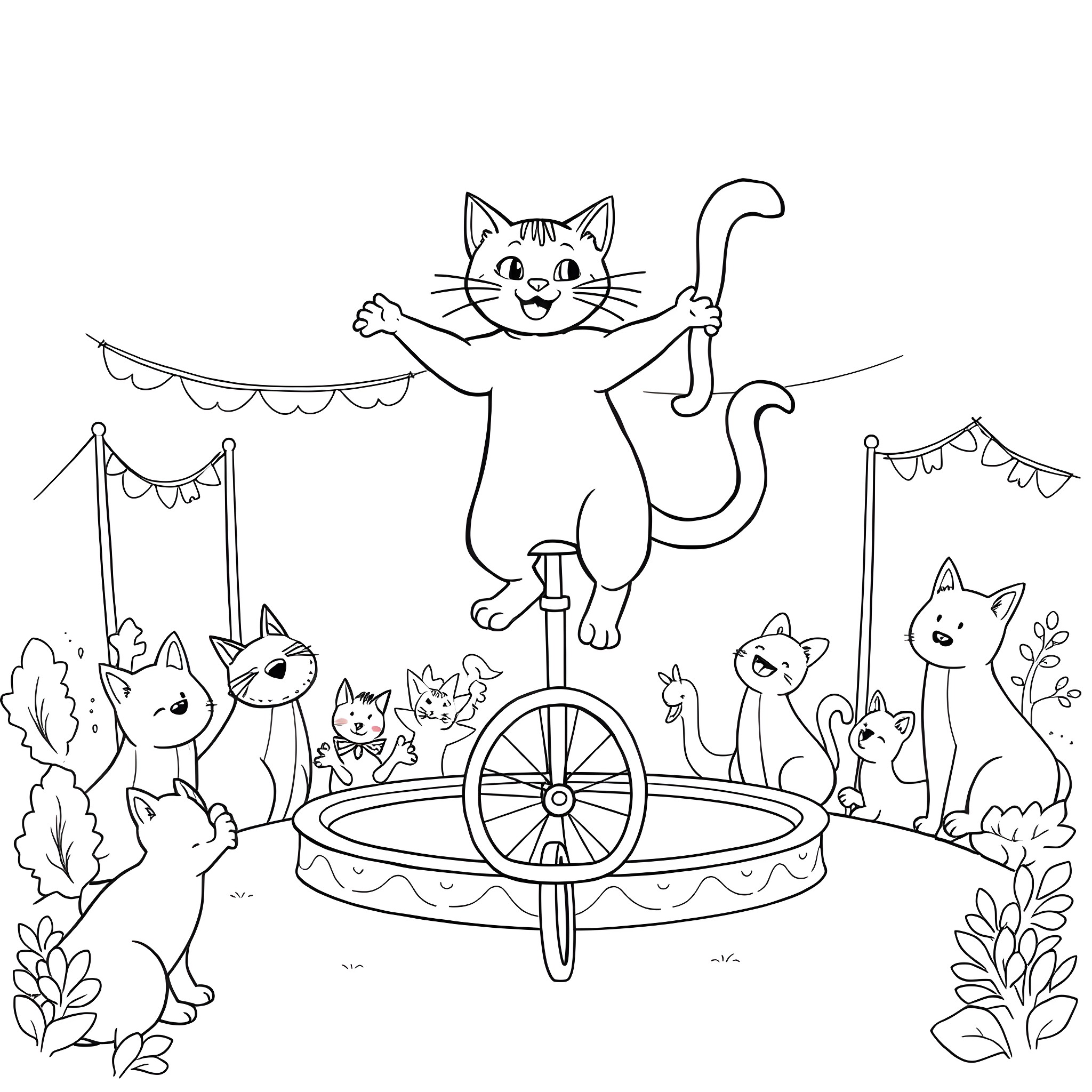 Cat performers entertaining on a circus stage Coloring Page (free black-and-white line drawing printable PDF for all, from beginners to advanced learners, including children, teens, adults, and seniors)