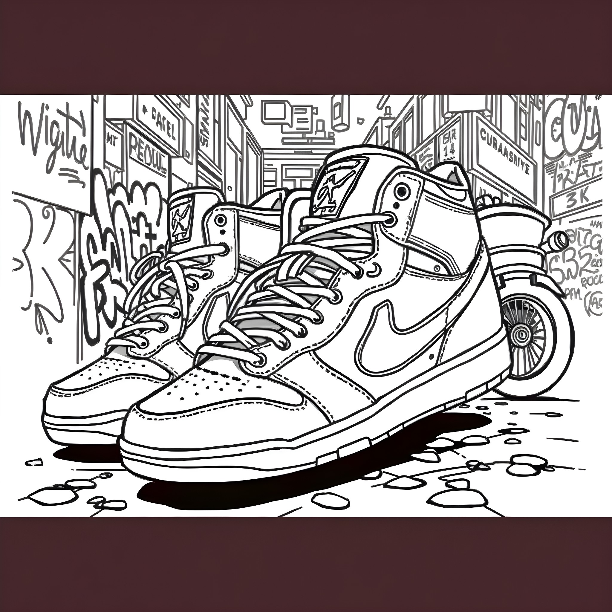 Jordan's High-Top Sneakers in Graffiti-Filled Alley Coloring Page (free black-and-white line drawing printable PDF for all, from beginners to advanced learners, including children, teens, adults, and seniors)