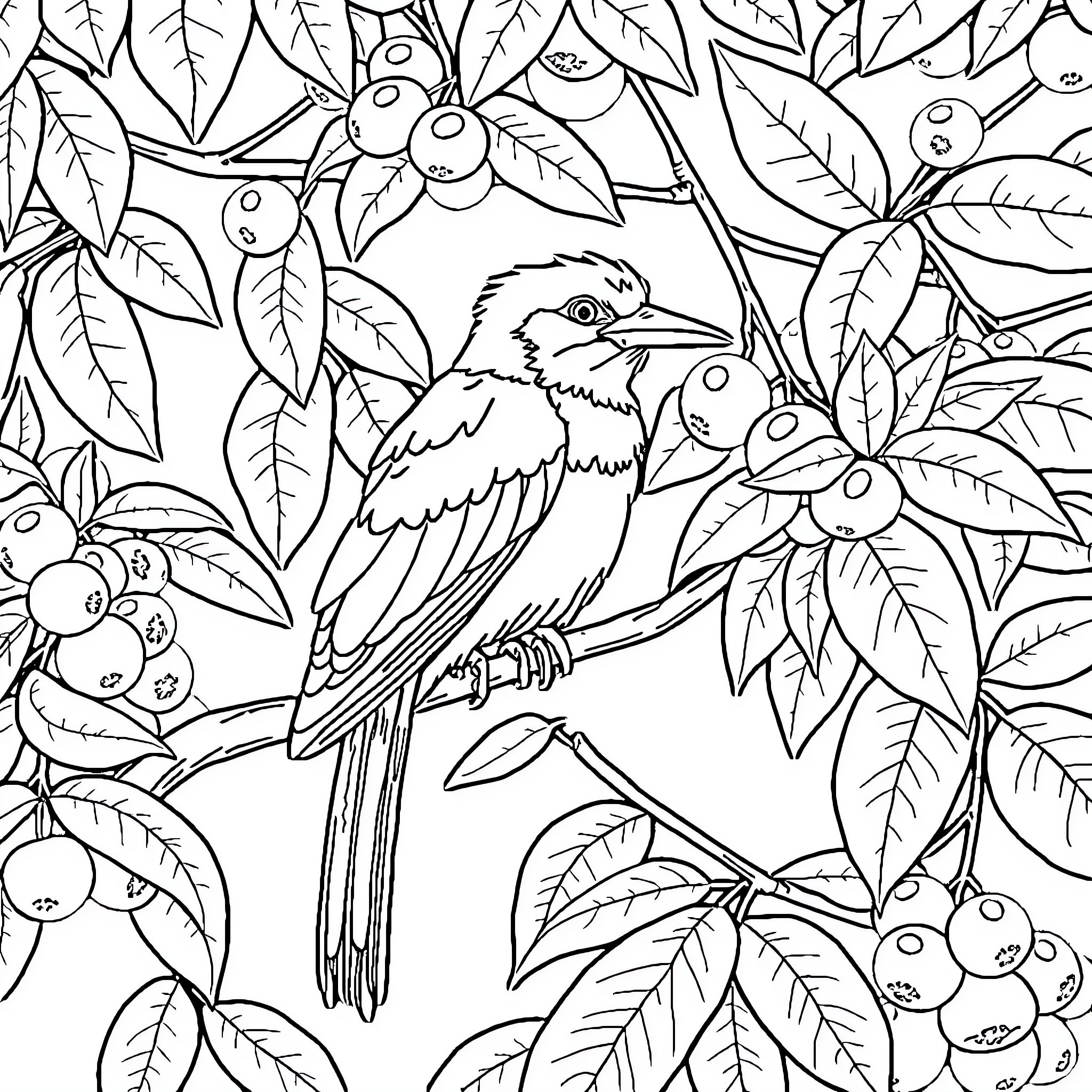 Bird resting on branch surrounded by leaves and berries Coloring Page (free black-and-white line drawing printable PDF for all, from beginners to advanced learners, including children, teens, adults, and seniors)
