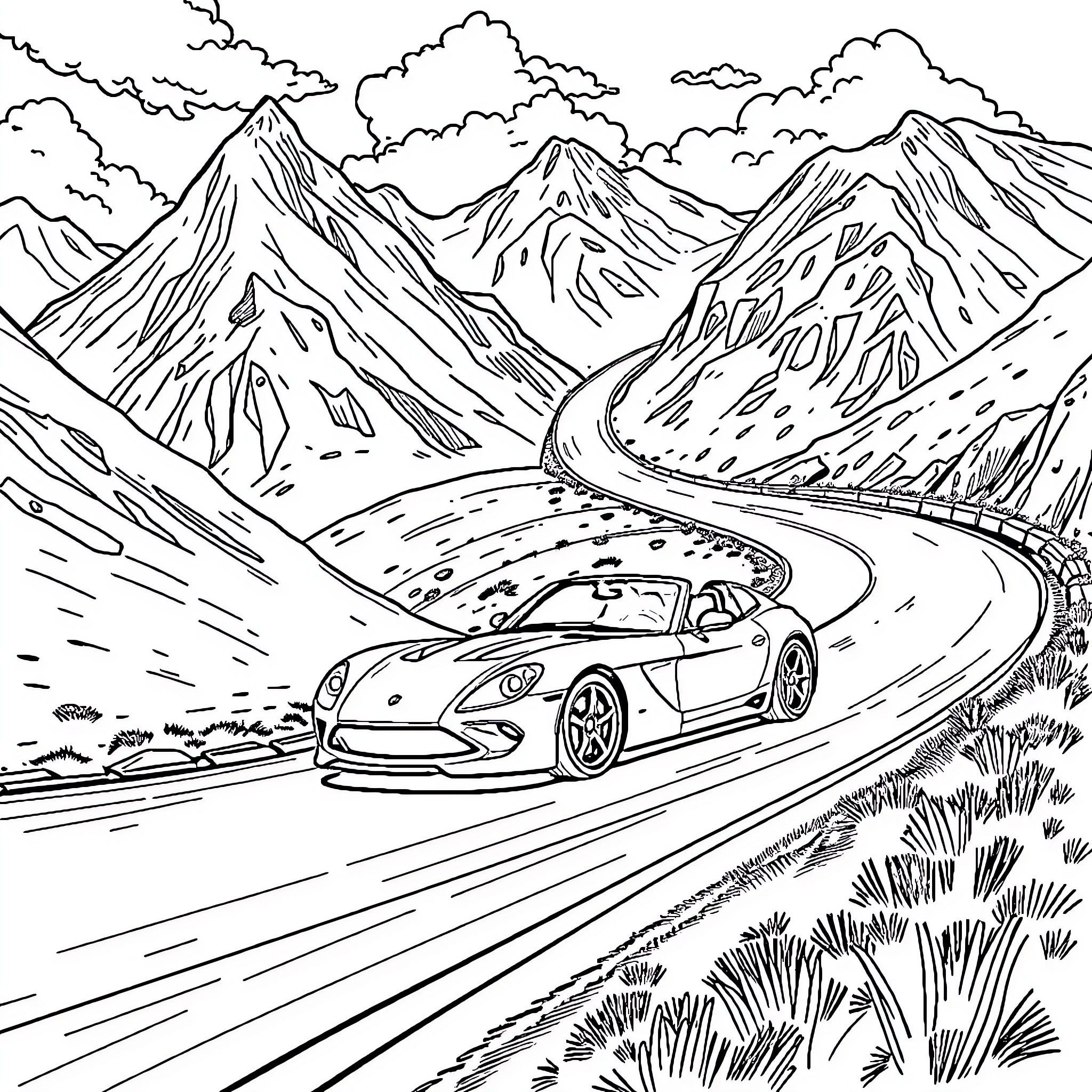 TVR sports car speeding through mountain roads Coloring Page (free black-and-white line drawing printable PDF for all, from beginners to advanced learners, including children, teens, adults, and seniors)