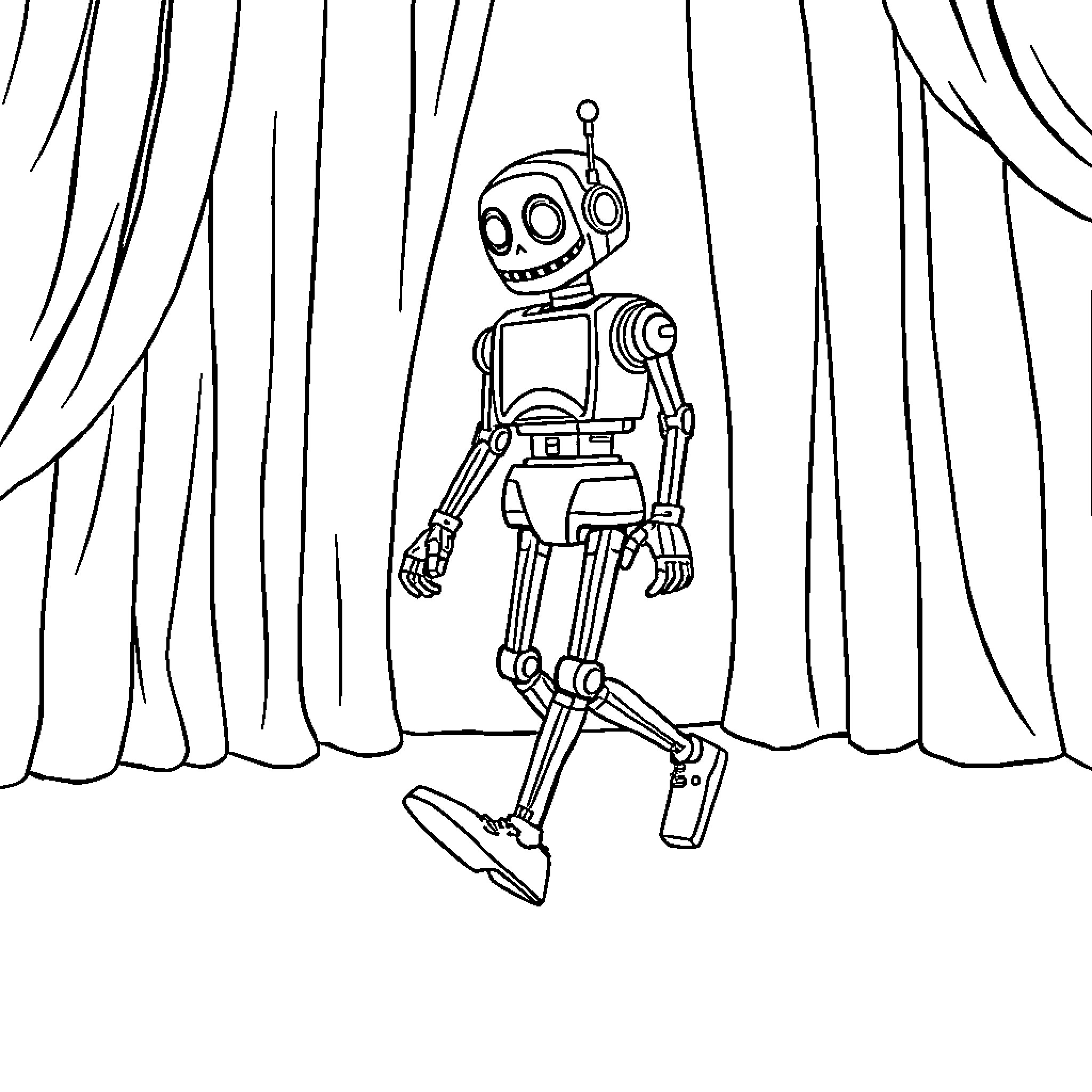 Animatronic robot performing on stage Coloring Page (free black-and-white line drawing printable PDF for all, from beginners to advanced learners, including children, teens, adults, and seniors)