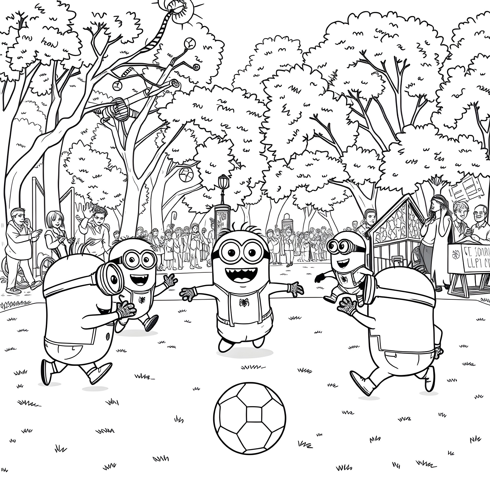 Minions playing happily in the park Coloring Page (free black-and-white line drawing printable PDF for all, from beginners to advanced learners, including children, teens, adults, and seniors)