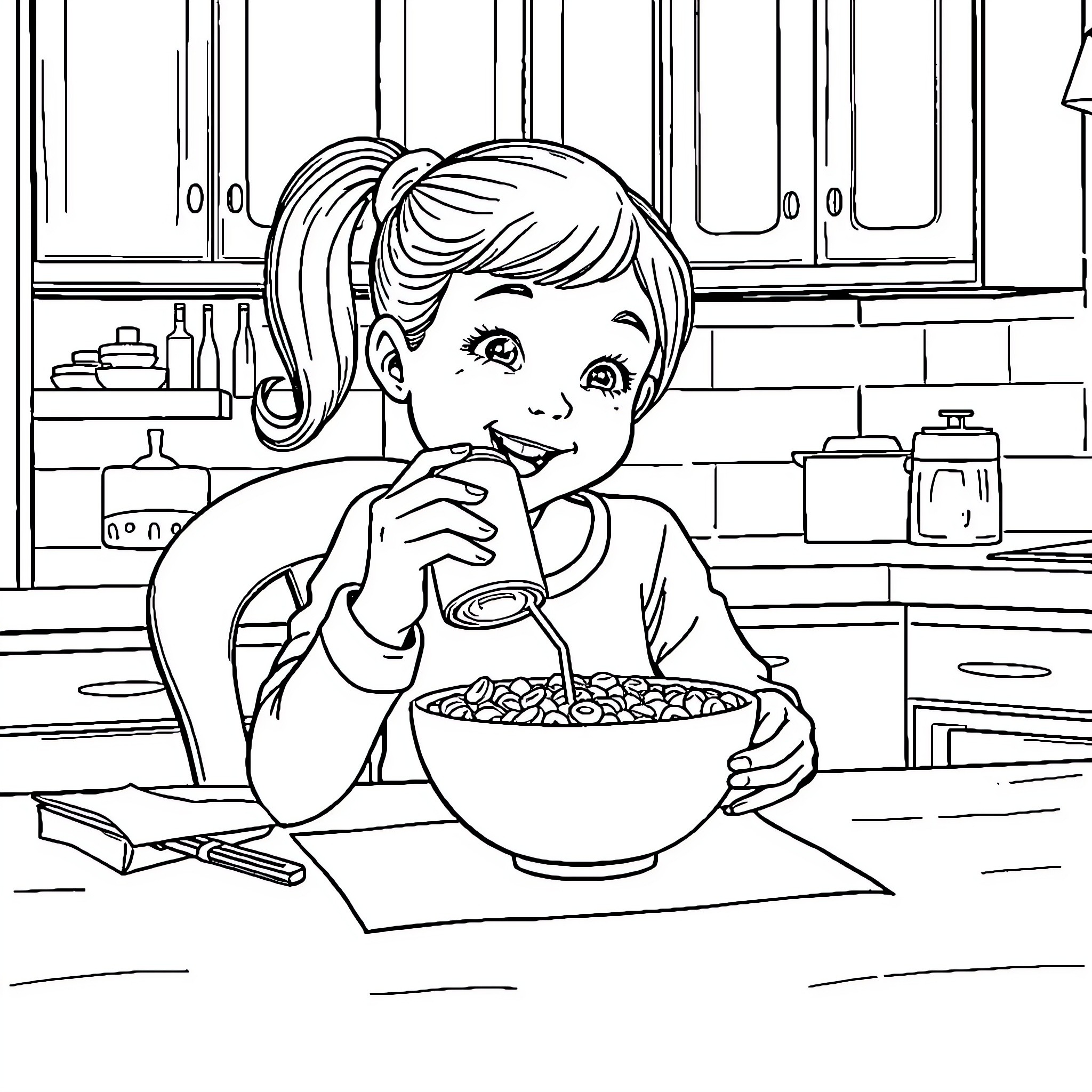 Girl enjoying a tasty meal in the kitchen Coloring Page (free black-and-white line drawing printable PDF for all, from beginners to advanced learners, including children, teens, adults, and seniors)