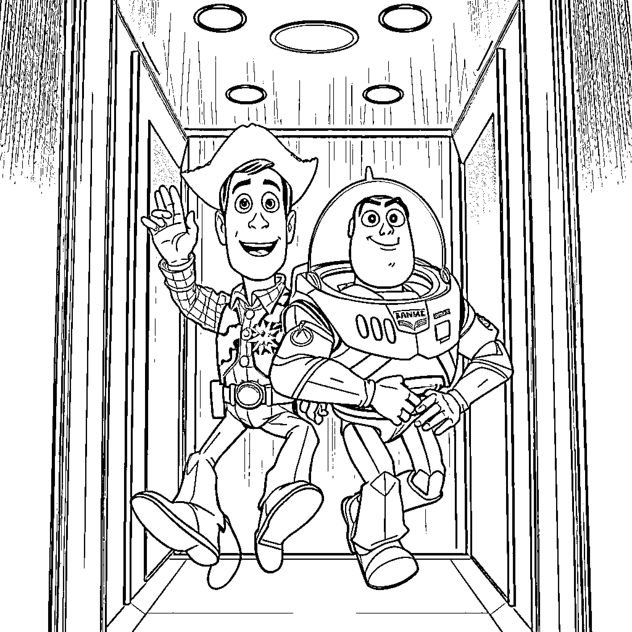 Woody and Buzz playing together in a toy room Coloring Page (free black-and-white line drawing printable PDF for all, from beginners to advanced learners, including children, teens, adults, and seniors)
