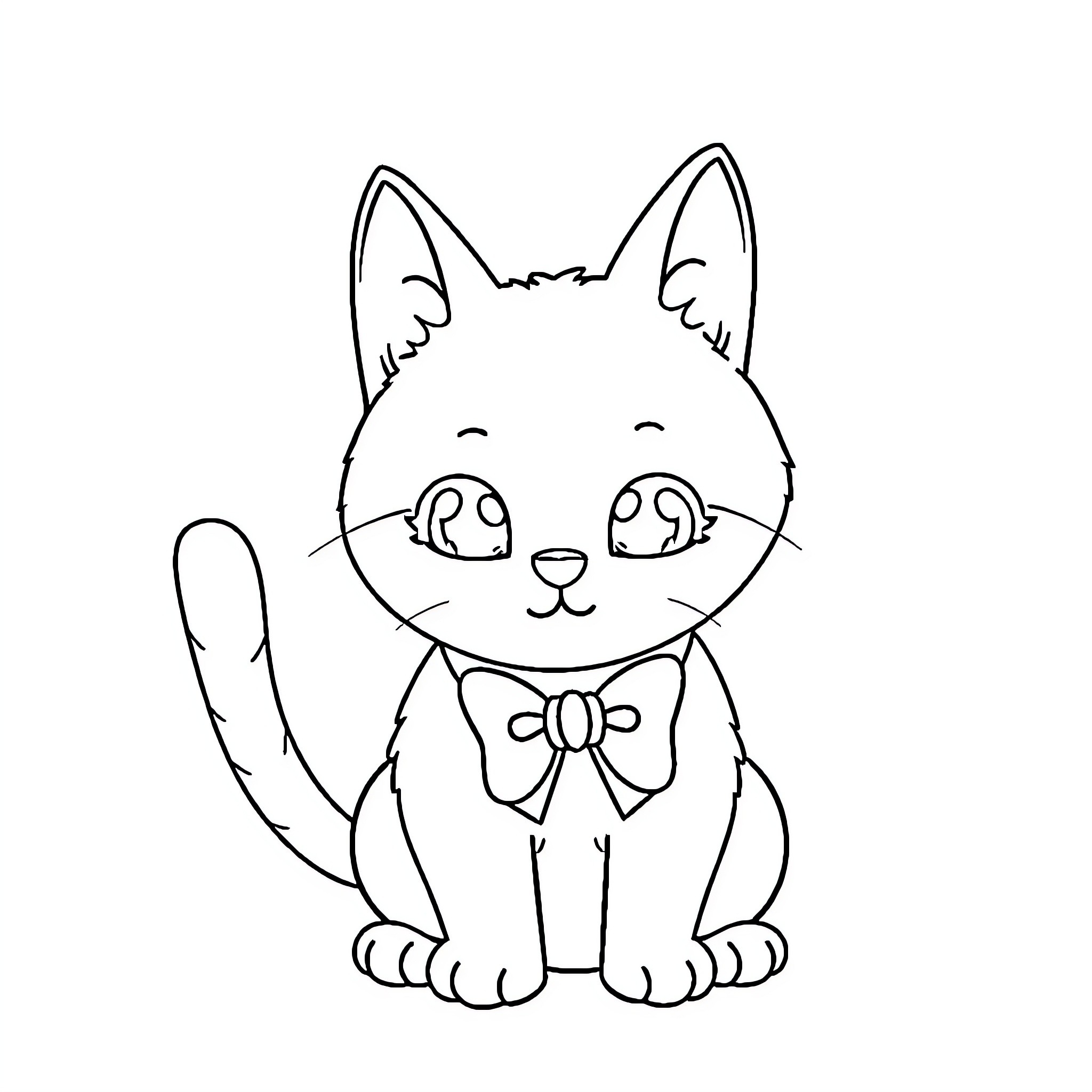Cat wearing a bowtie with a happy expression Coloring Page (free black-and-white line drawing printable PDF for all, from beginners to advanced learners, including children, teens, adults, and seniors)