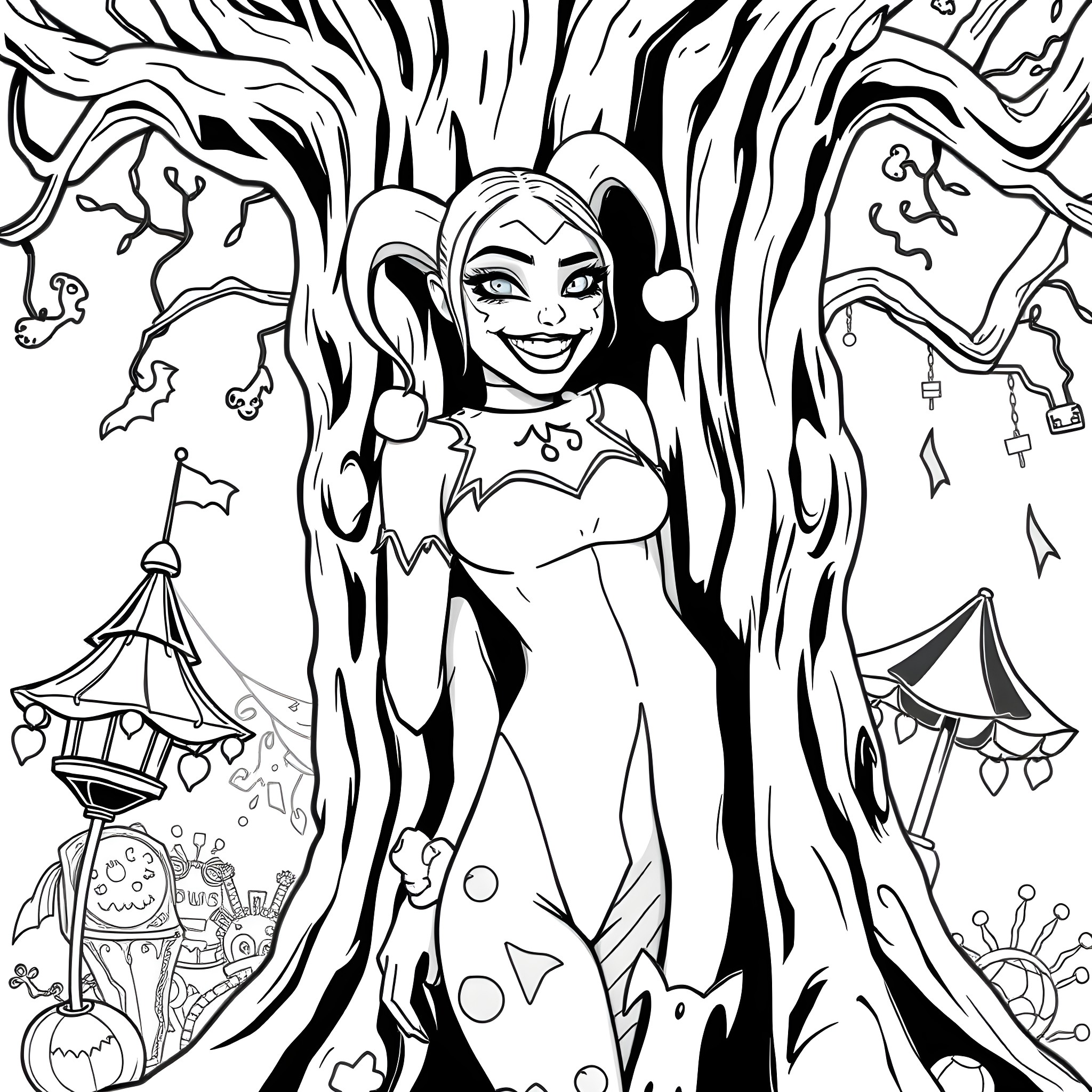 Harley Quinn's Fantastical Carnival Adventure Coloring Page (free black-and-white line drawing printable PDF for all, from beginners to advanced learners, including children, teens, adults, and seniors)