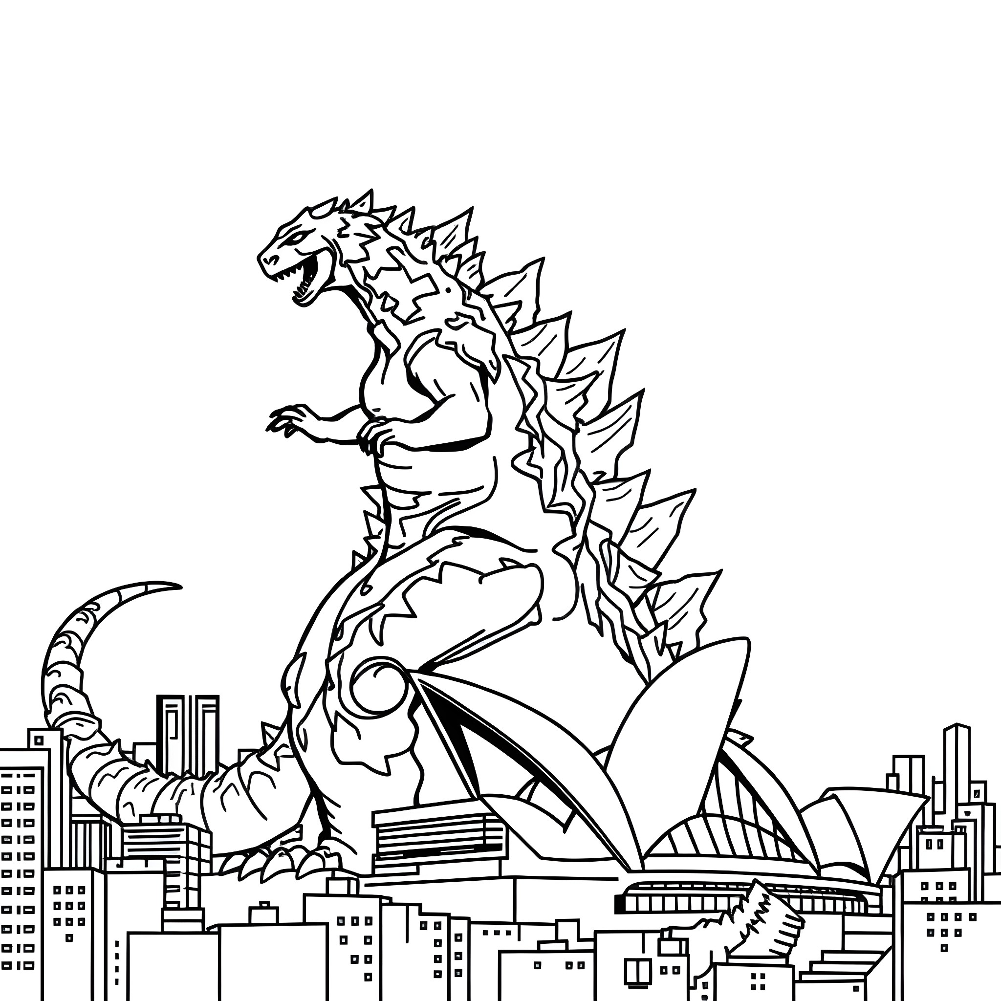 Godzilla rampaging through a city skyline Coloring Page (free black-and-white line drawing printable PDF for all, from beginners to advanced learners, including children, teens, adults, and seniors)