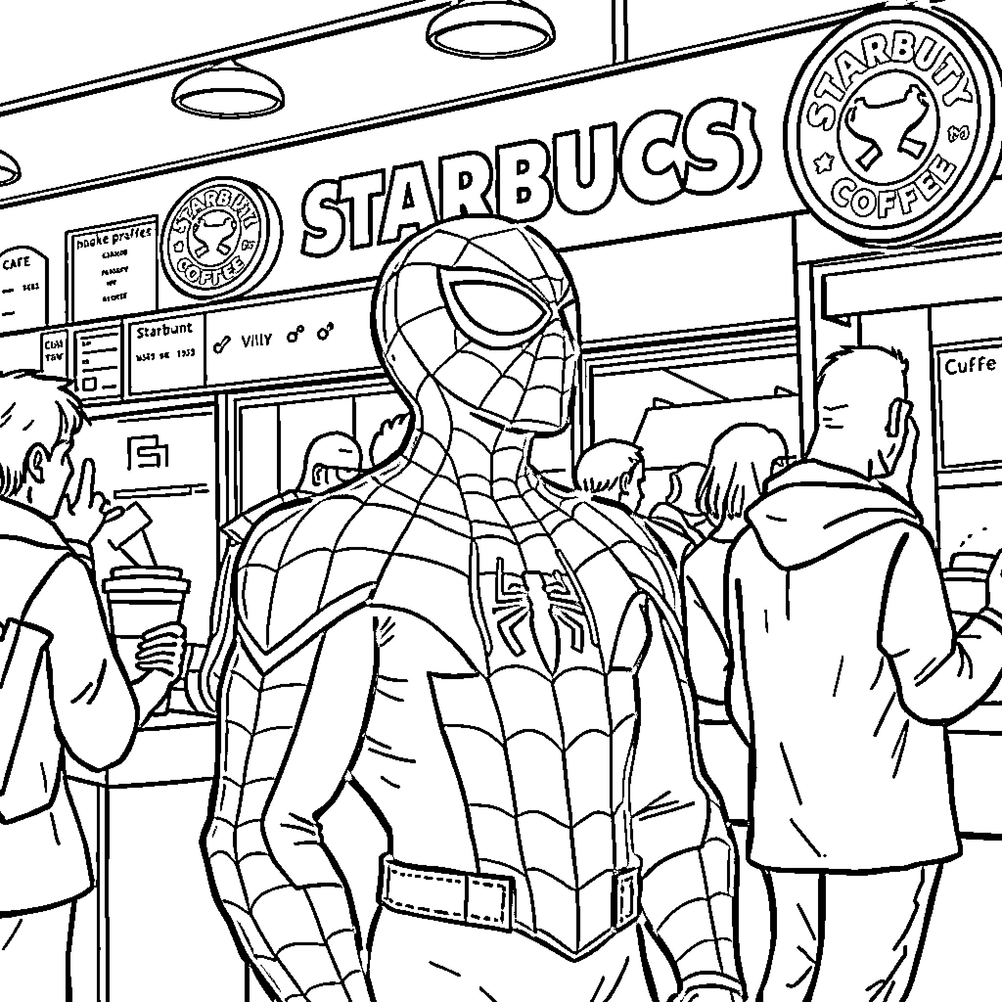 Spider-Man exploring a busy urban scene Coloring Page (free black-and-white line drawing printable PDF for all, from beginners to advanced learners, including children, teens, adults, and seniors)