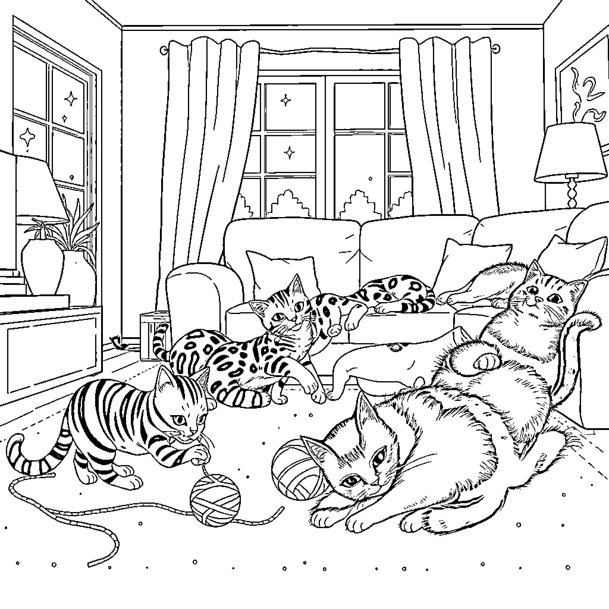 Cat playing with toys in a cozy indoor scene Coloring Page (free black-and-white line drawing printable PDF for all, from beginners to advanced learners, including children, teens, adults, and seniors)