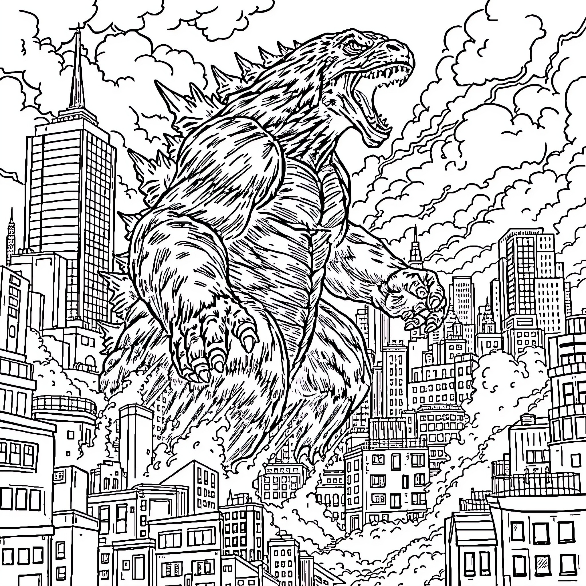 Gorilla-like creature rampaging through a city Coloring Page (free black-and-white line drawing printable PDF for all, from beginners to advanced learners, including children, teens, adults, and seniors)