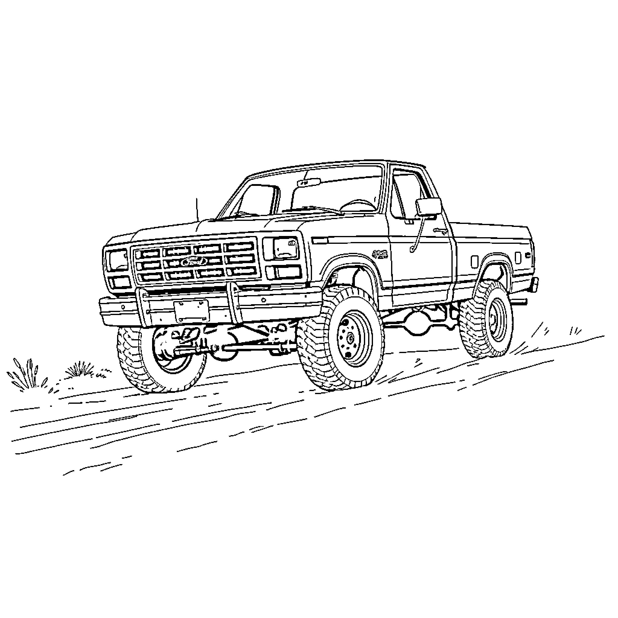 Ford Truck driving on rugged terrain Coloring Page (free black-and-white line drawing printable PDF for all, from beginners to advanced learners, including children, teens, adults, and seniors)