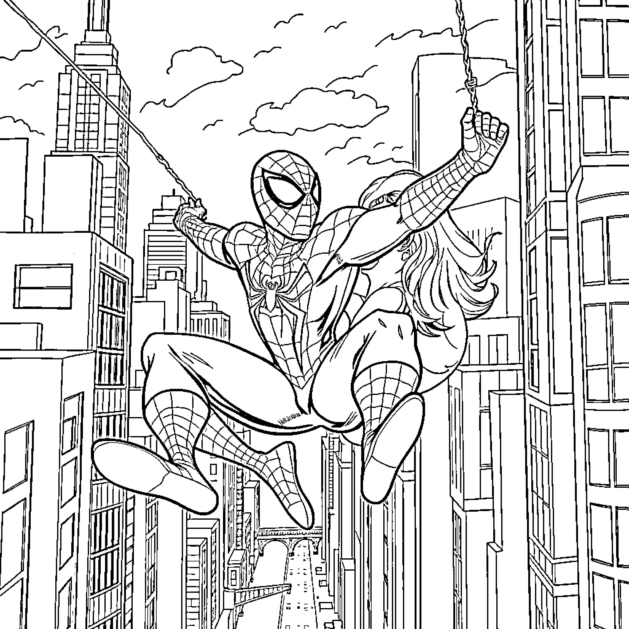 Spider-Man swinging through the city skyline Coloring Page (free black-and-white line drawing printable PDF for all, from beginners to advanced learners, including children, teens, adults, and seniors)