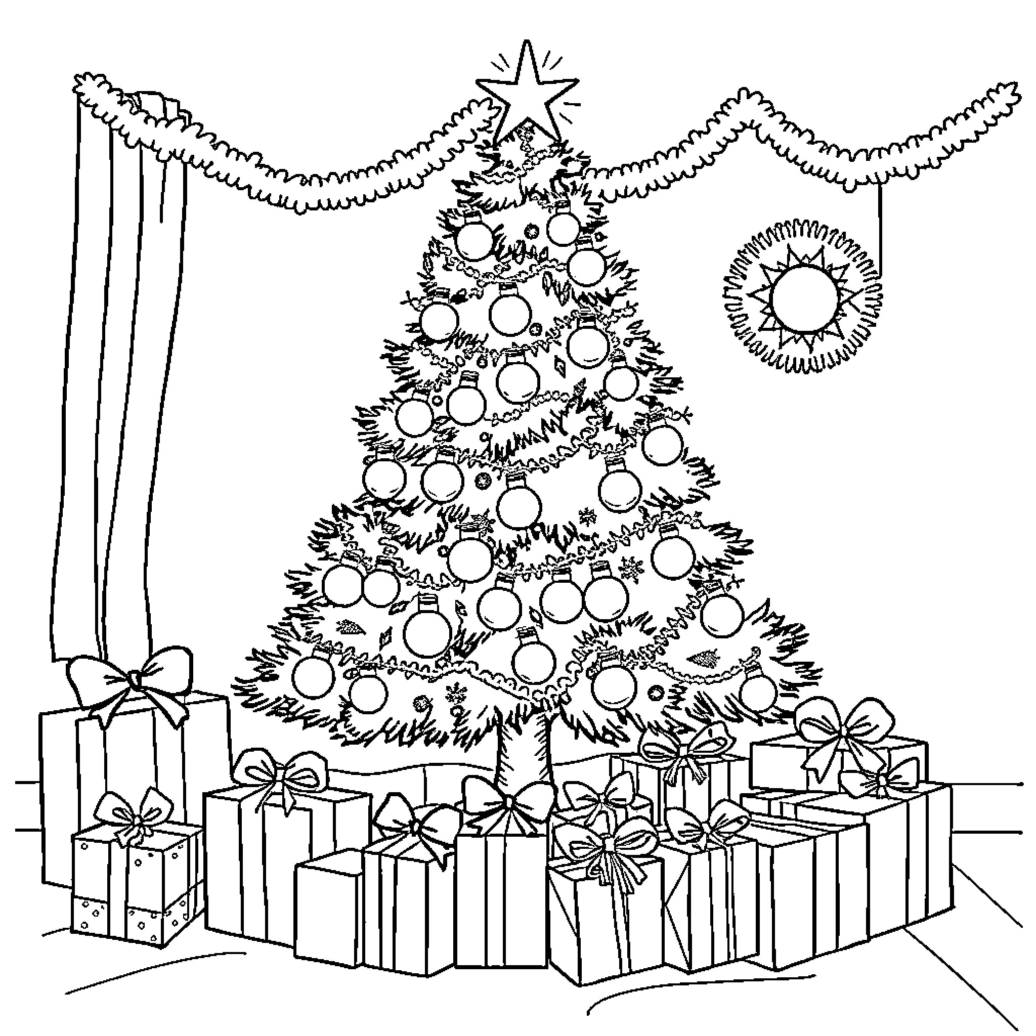 Christmas decorated tree with presents Coloring Page (free black-and-white line drawing printable PDF for all, from beginners to advanced learners, including children, teens, adults, and seniors)