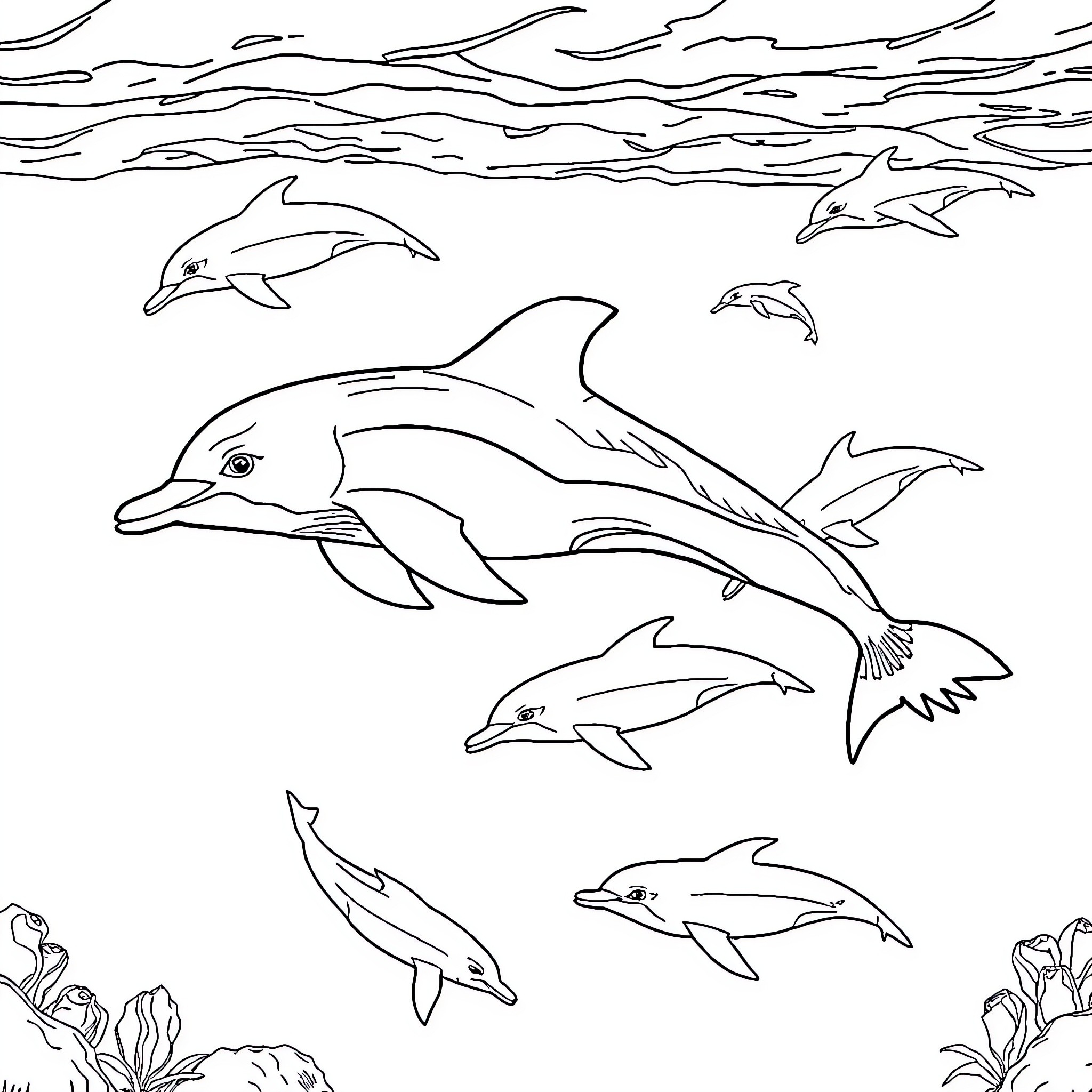 Dolphin pod swimming gracefully in the ocean Coloring Page (free black-and-white line drawing printable PDF for all, from beginners to advanced learners, including children, teens, adults, and seniors)