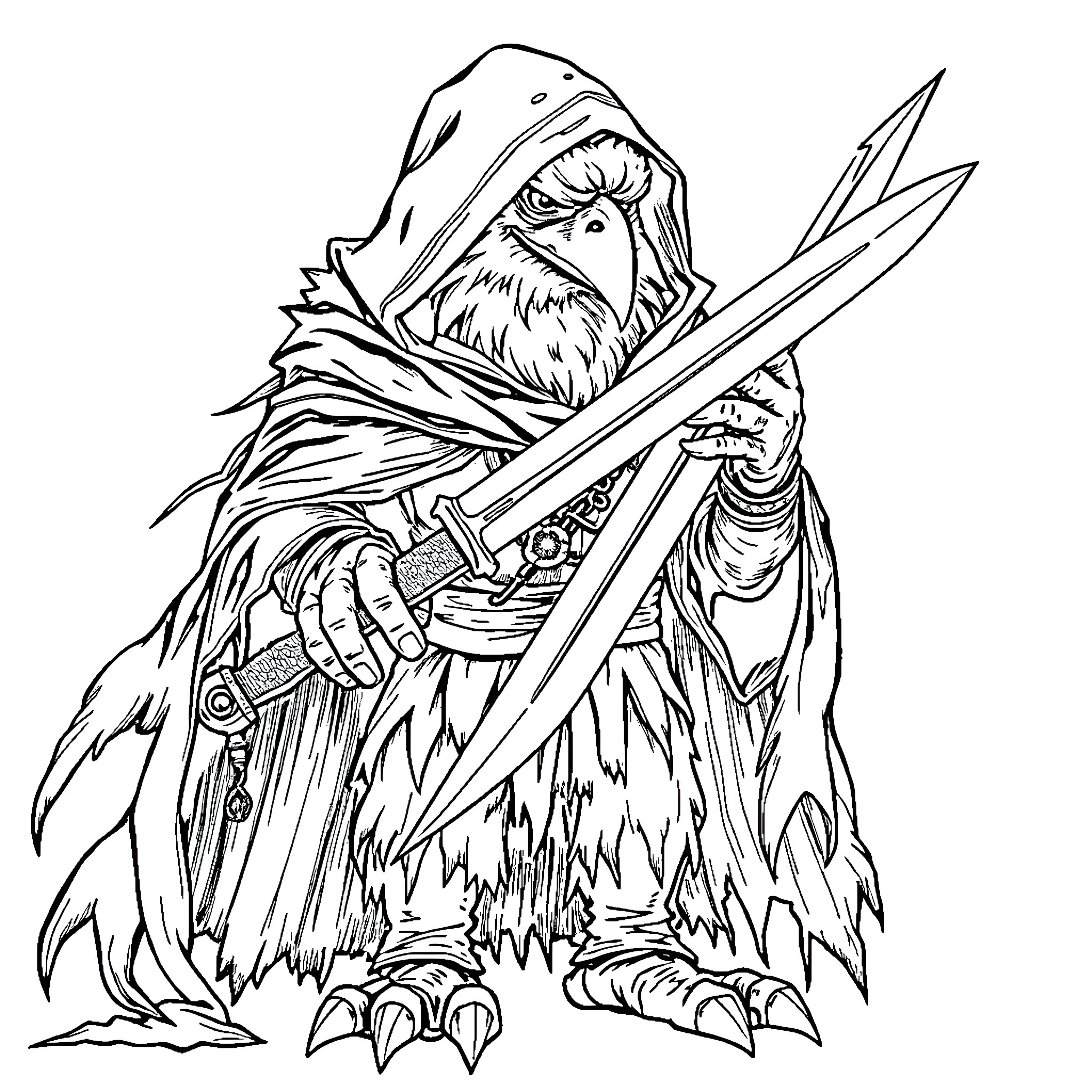 Kenku warrior wielding a sword with determination Coloring Page (free black-and-white line drawing printable PDF for all, from beginners to advanced learners, including children, teens, adults, and seniors)