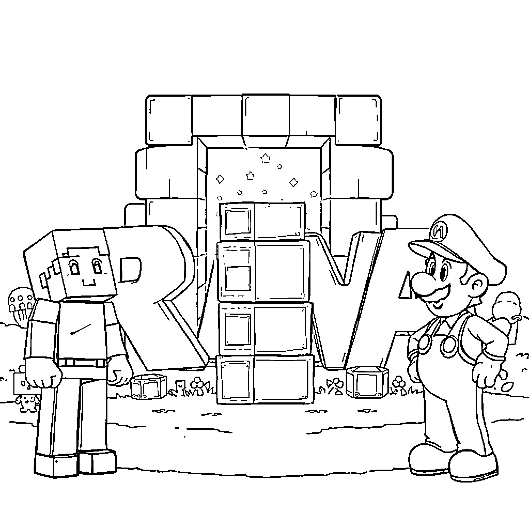 Rana's Playful Adventure with Robot Friends Coloring Page (free black-and-white line drawing printable PDF for all, from beginners to advanced learners, including children, teens, adults, and seniors)