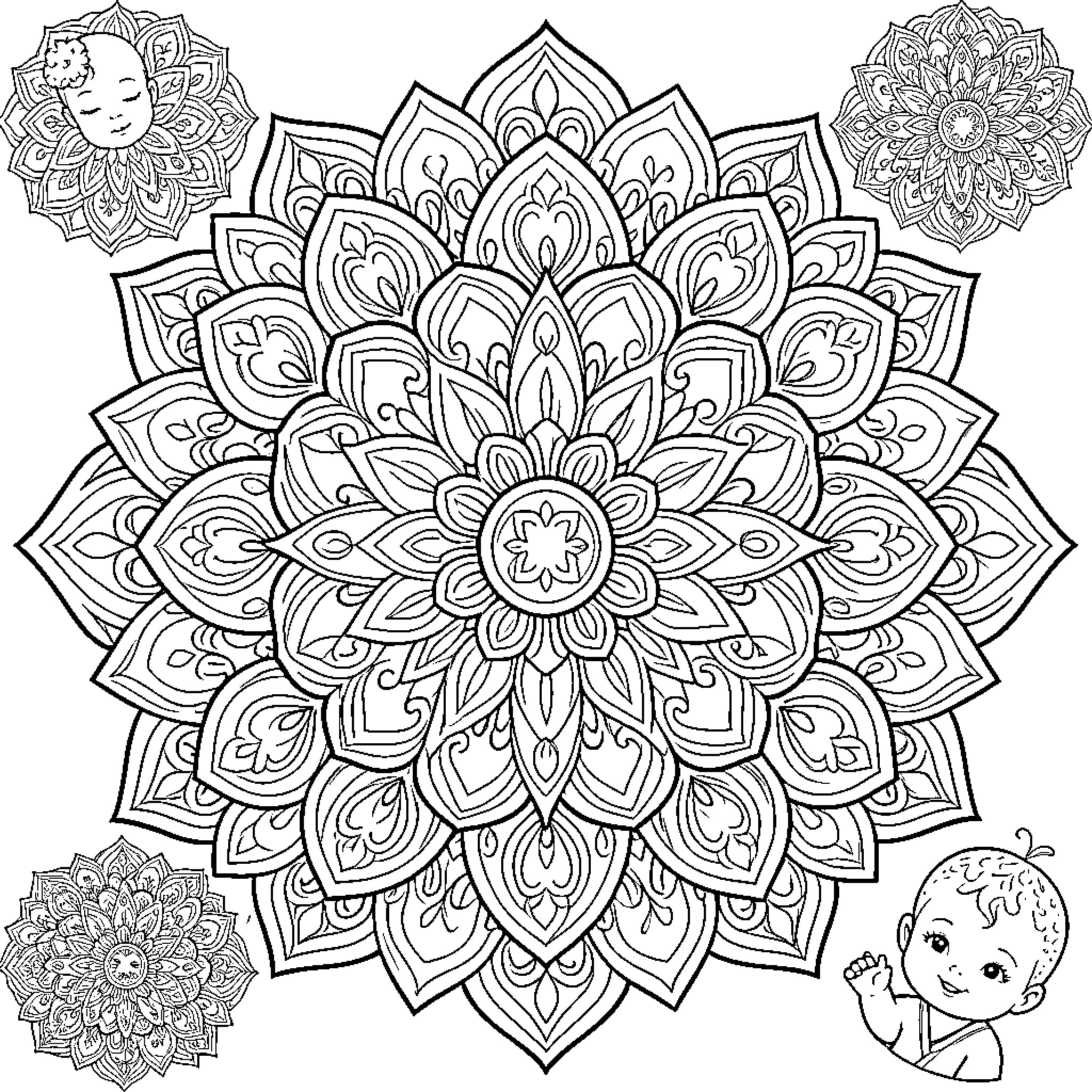 Baby Mandala with peaceful sleeping and smiling infant faces Coloring Page (free black-and-white line drawing printable PDF for all, from beginners to advanced learners, including children, teens, adults, and seniors)