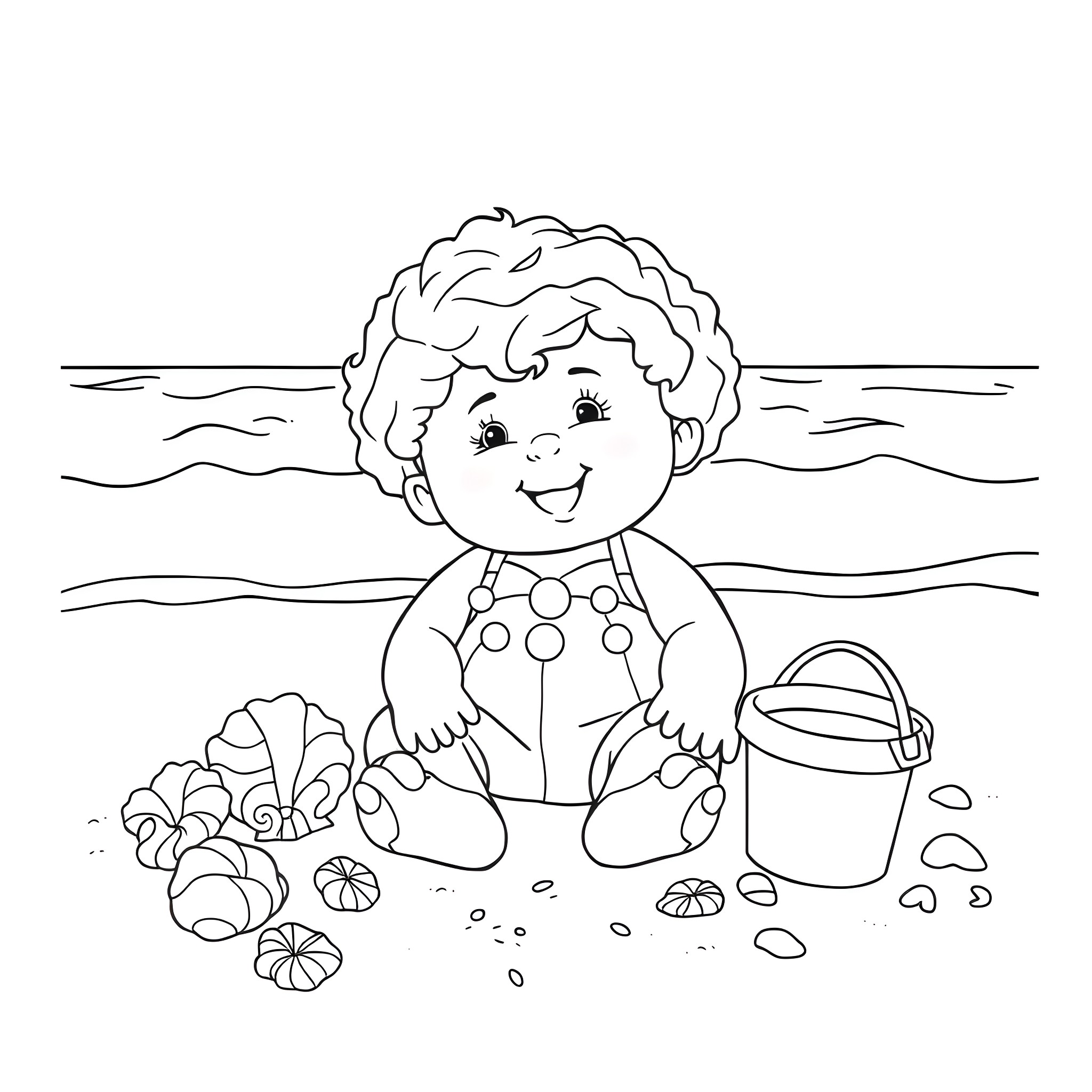 Cabbage Patch Baby playing happily at the beach Coloring Page (free black-and-white line drawing printable PDF for all, from beginners to advanced learners, including children, teens, adults, and seniors)