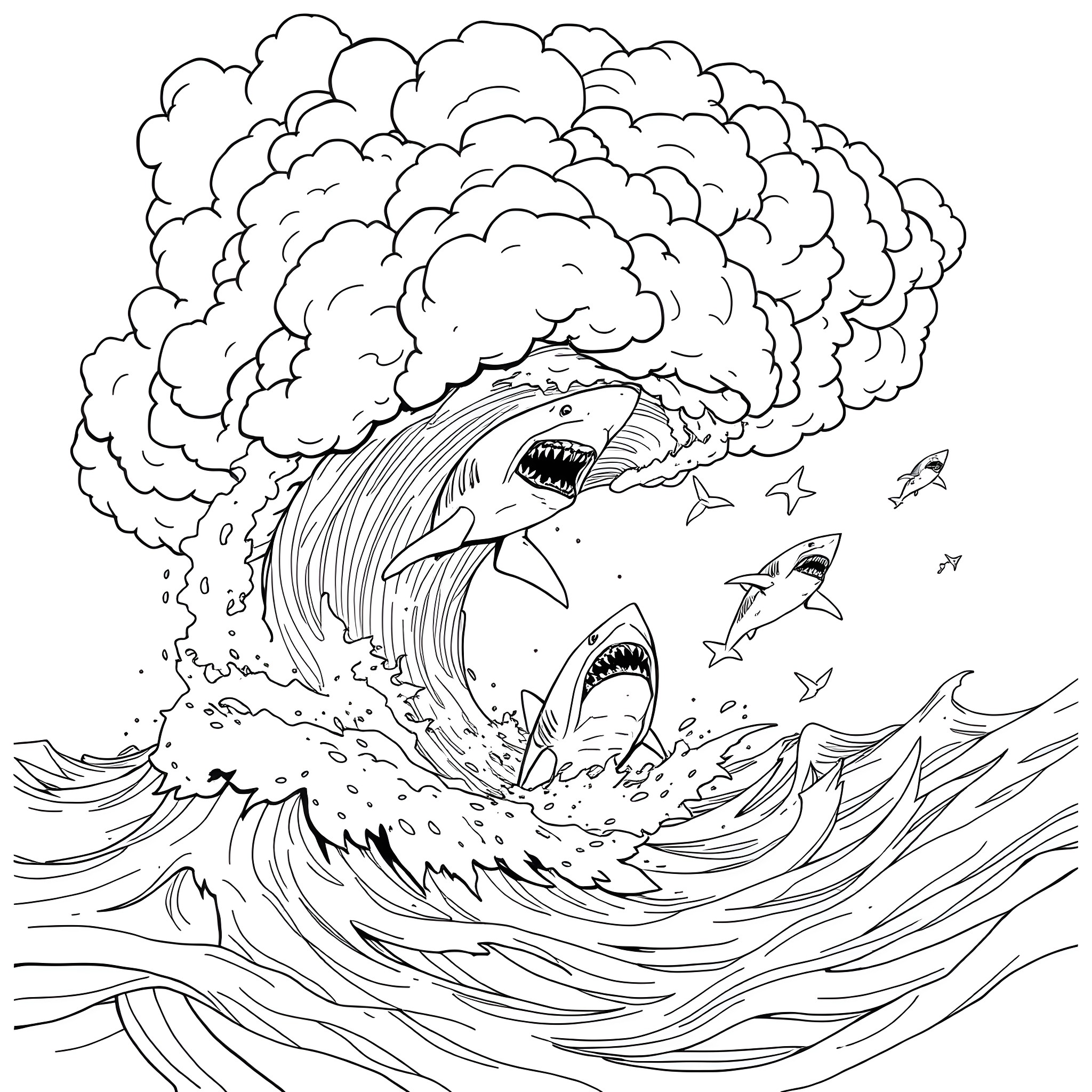 Sharknado unleashing chaos on the stormy sea Coloring Page (free black-and-white line drawing printable PDF for all, from beginners to advanced learners, including children, teens, adults, and seniors)