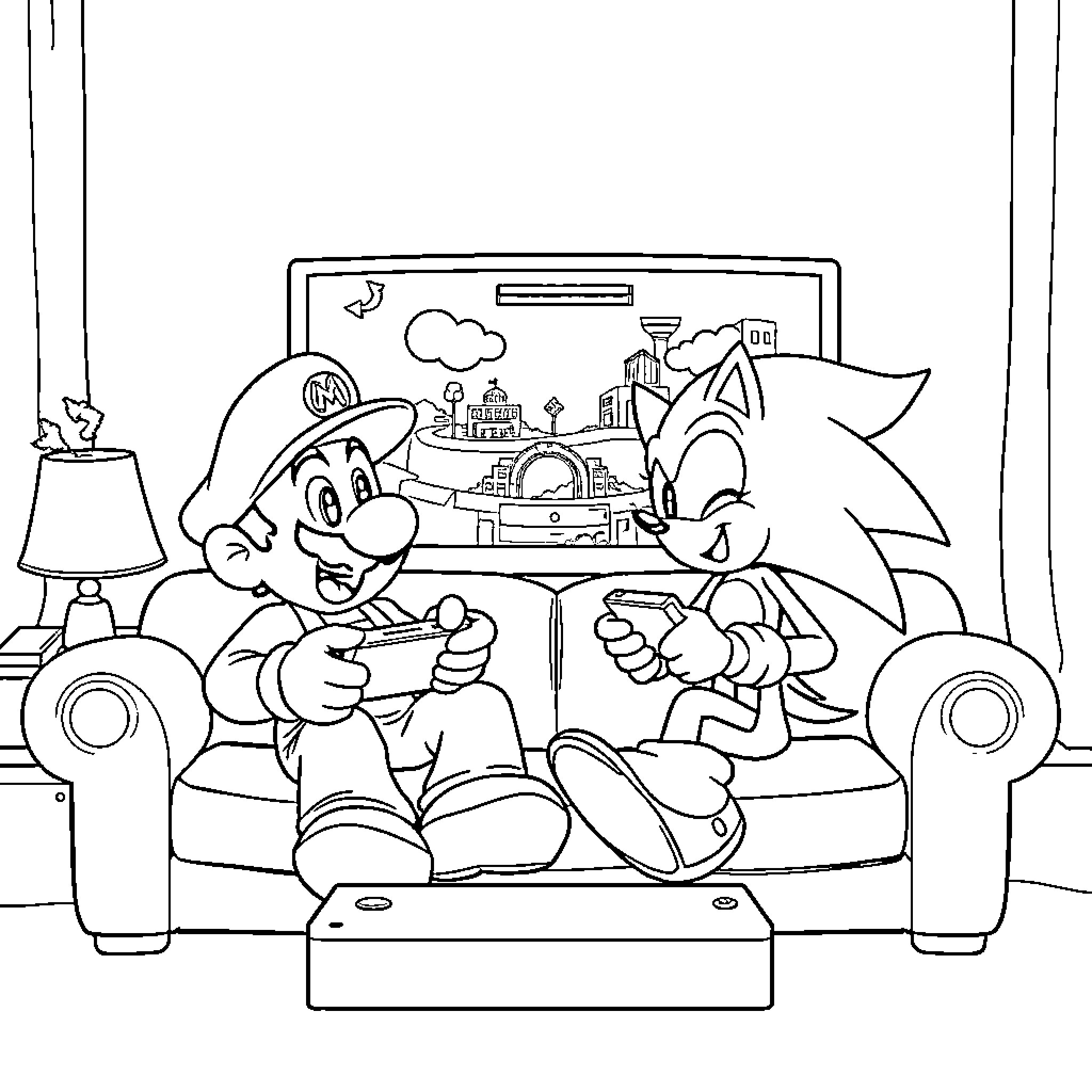 Mario and Sonic enjoying video games together Coloring Page (free black-and-white line drawing printable PDF for all, from beginners to advanced learners, including children, teens, adults, and seniors)