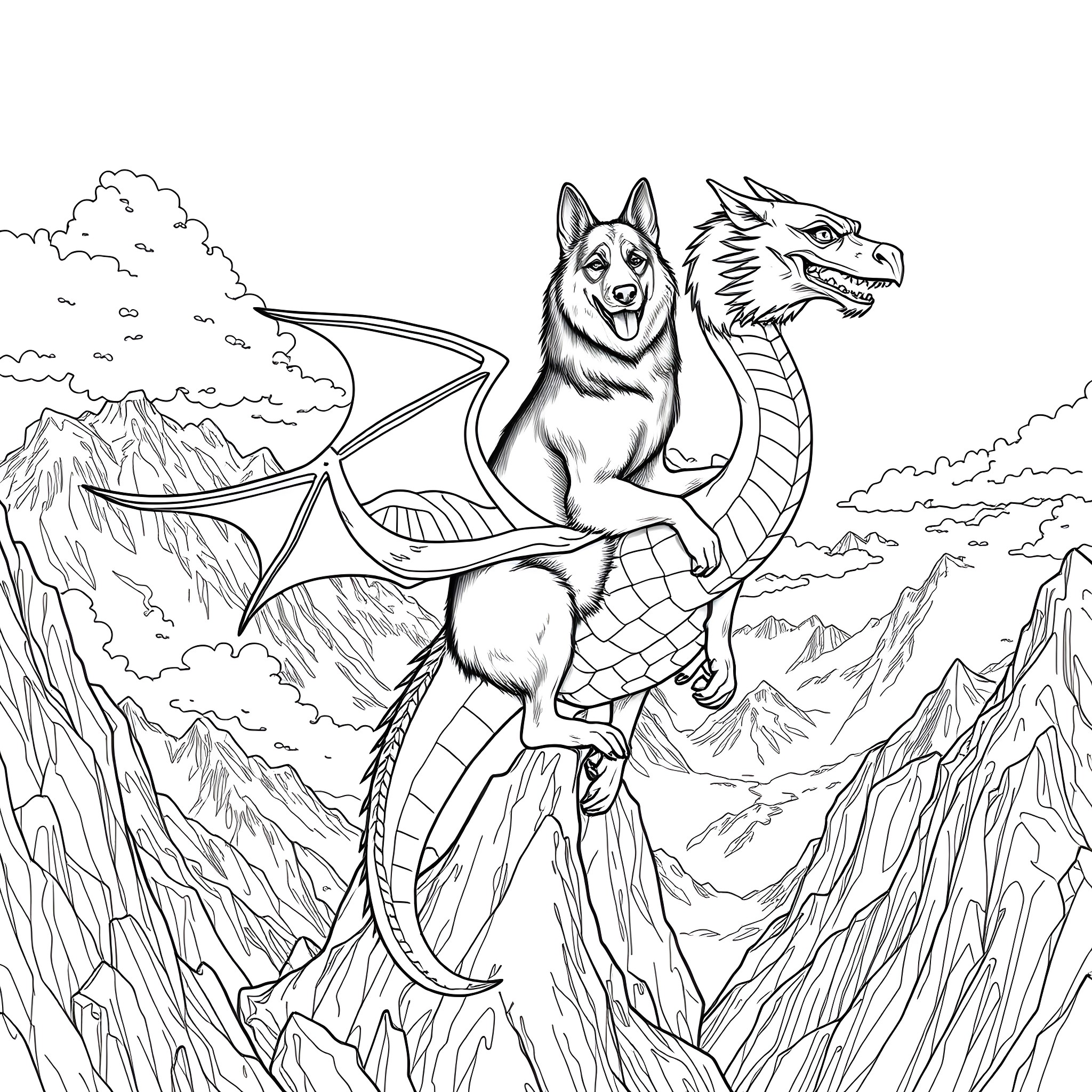 German Shepherd riding a dragon through a mountainous landscape Coloring Page (free black-and-white line drawing printable PDF for all, from beginners to advanced learners, including children, teens, adults, and seniors)