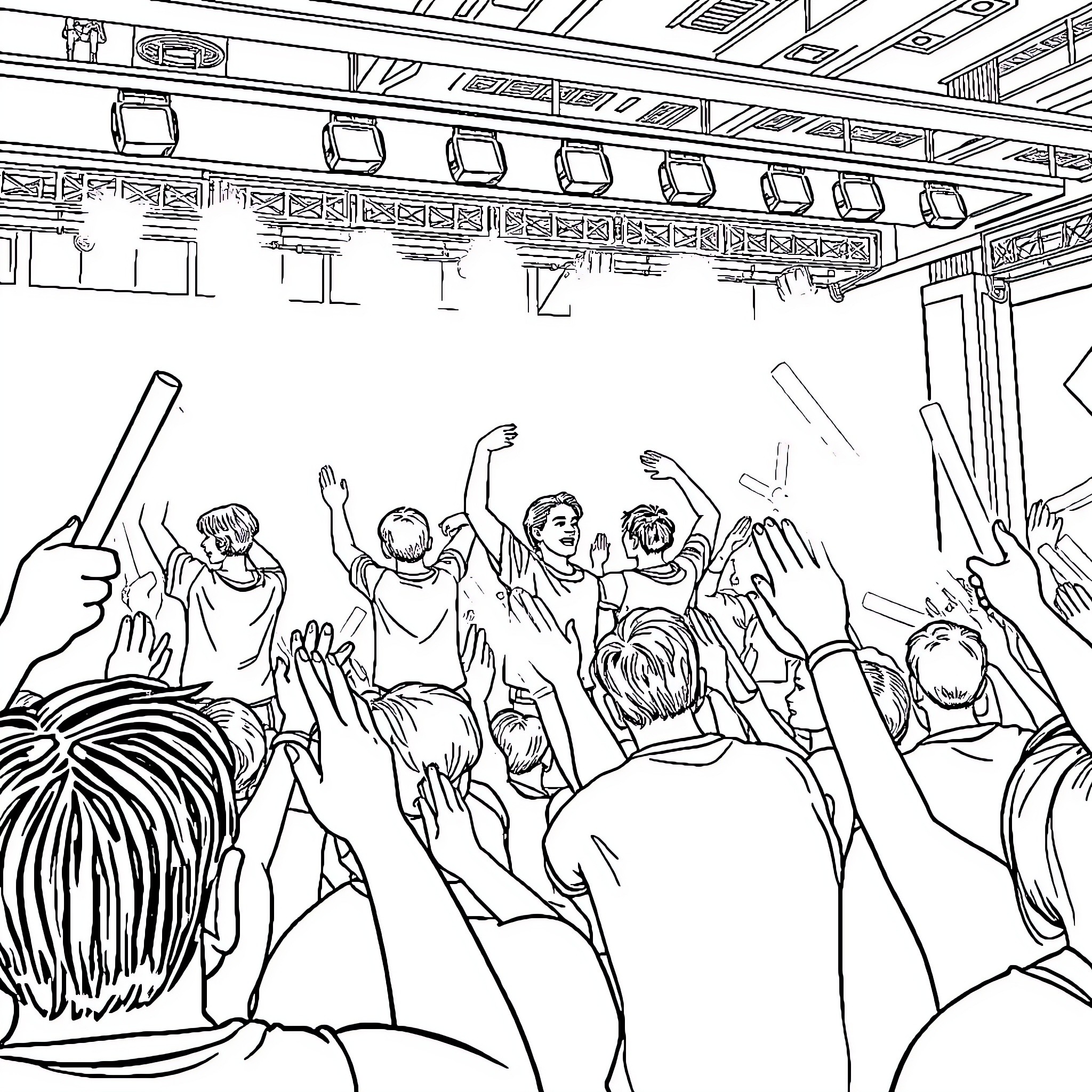 BTS Performing on Stage with Energetic Crowd Coloring Page (free black-and-white line drawing printable PDF for all, from beginners to advanced learners, including children, teens, adults, and seniors)