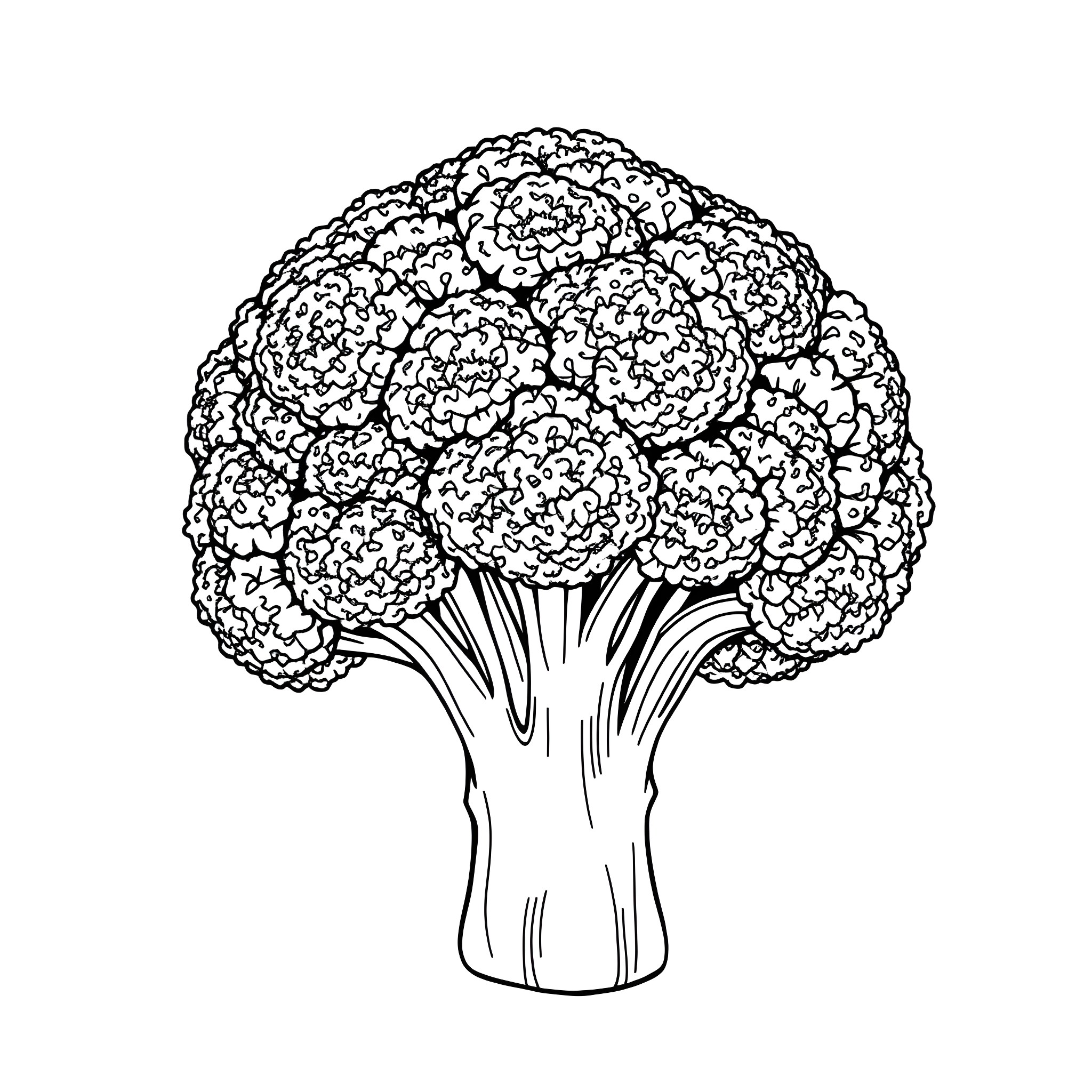 Broccoli bunch with detailed florets Coloring Page (free black-and-white line drawing printable PDF for all, from beginners to advanced learners, including children, teens, adults, and seniors)