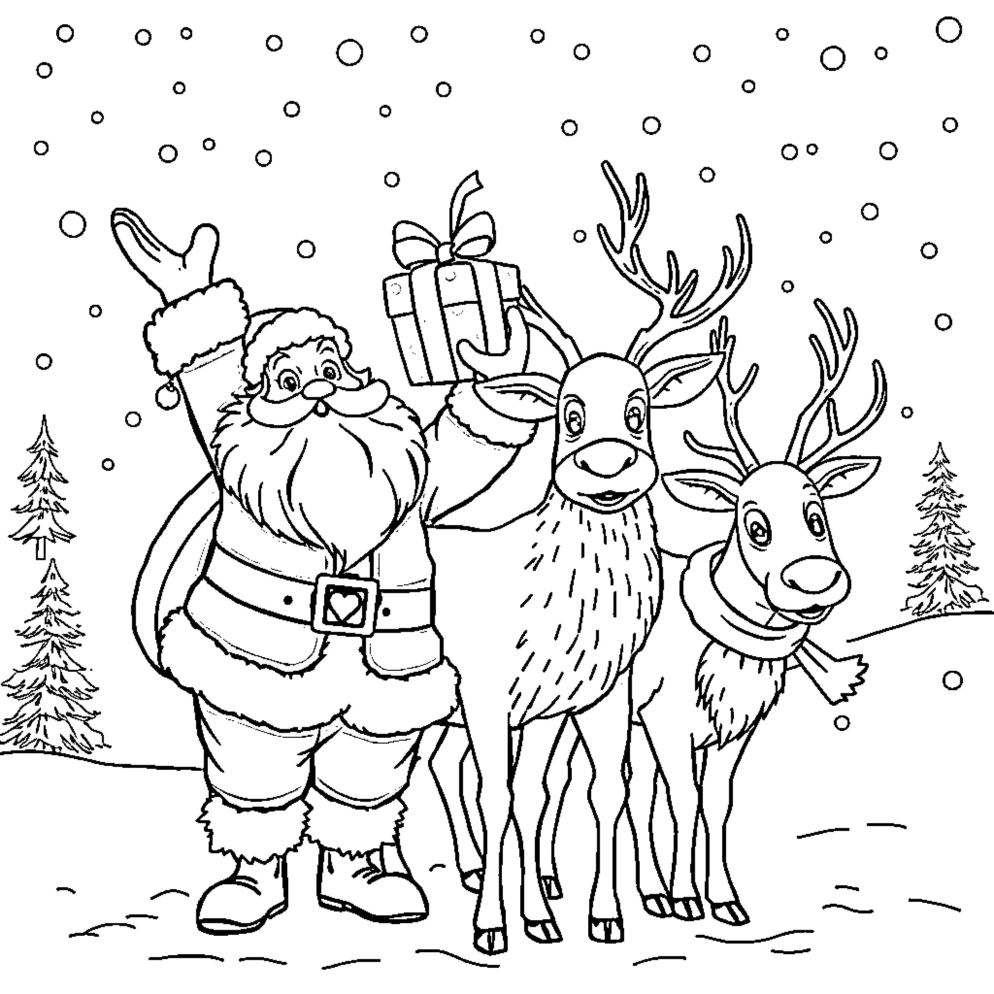 Santa and his friends in the snowy forest Coloring Page (free black-and-white line drawing printable PDF for all, from beginners to advanced learners, including children, teens, adults, and seniors)